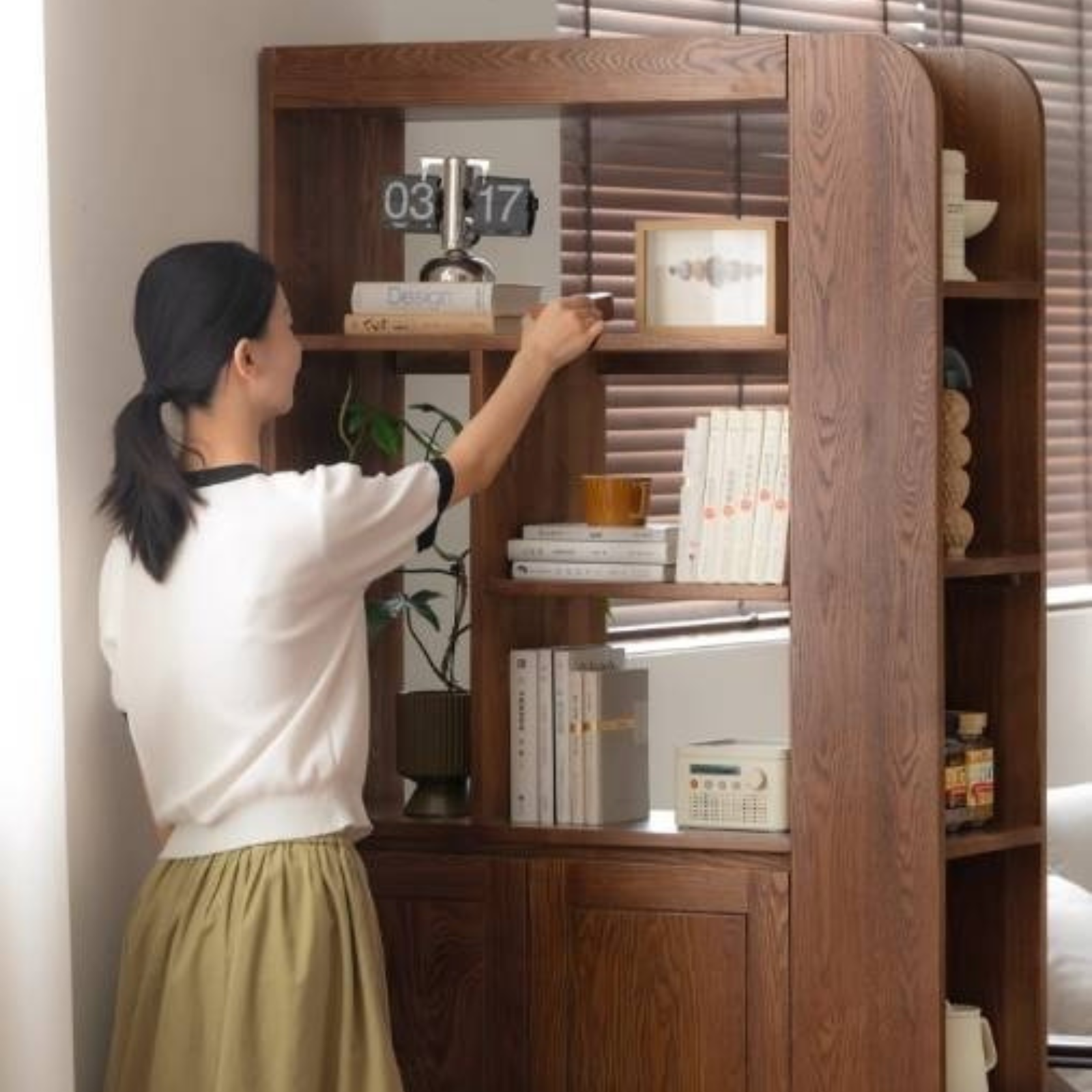 Ash Solid Wood Modern Divider Bookcase Cabinet with Storage