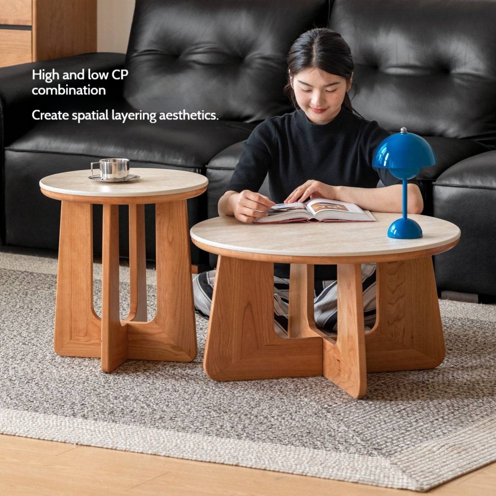 Cherry Solid Wood Rock Plate Round Coffee Table