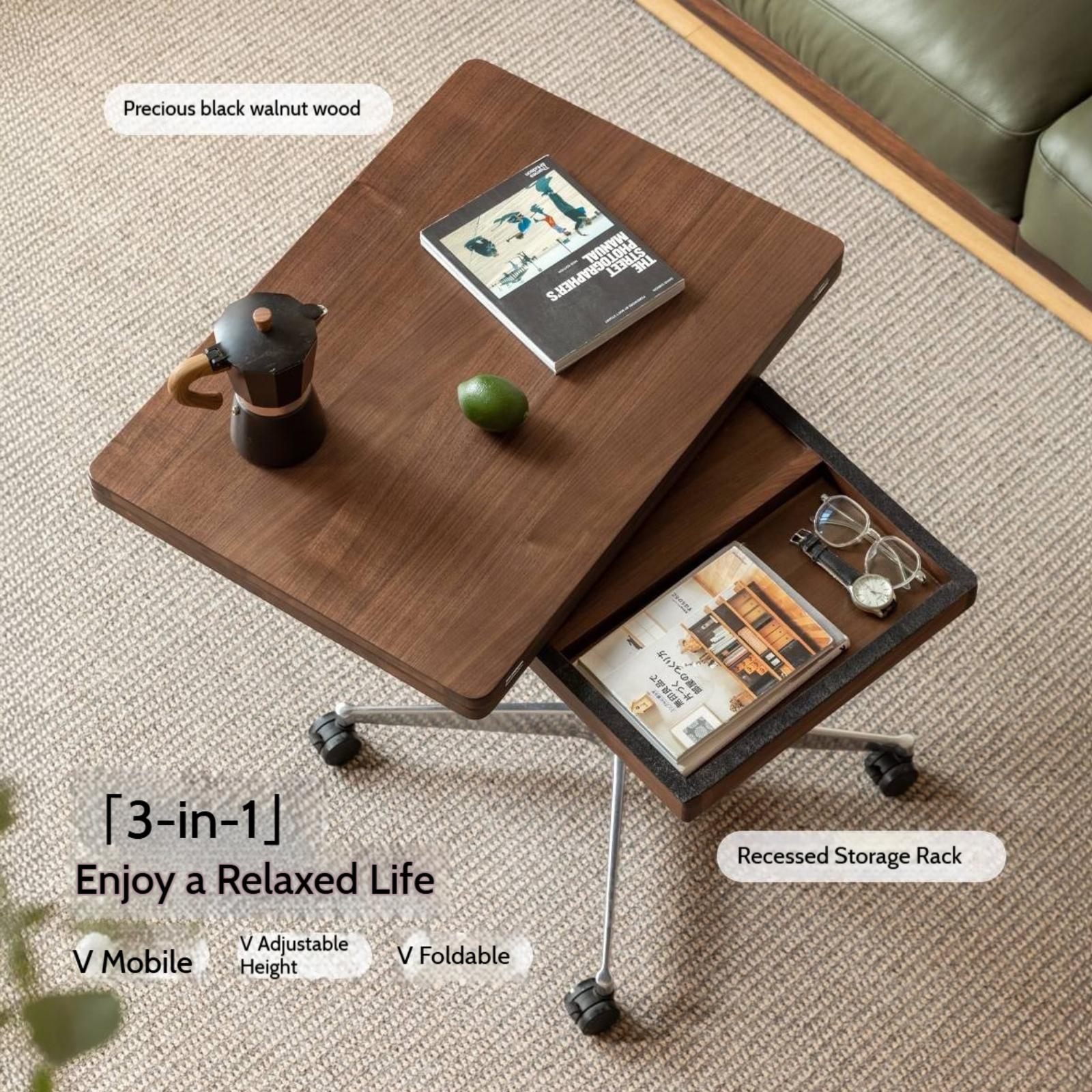 Black Walnut, Oak Solid Wood Folding Tea Table