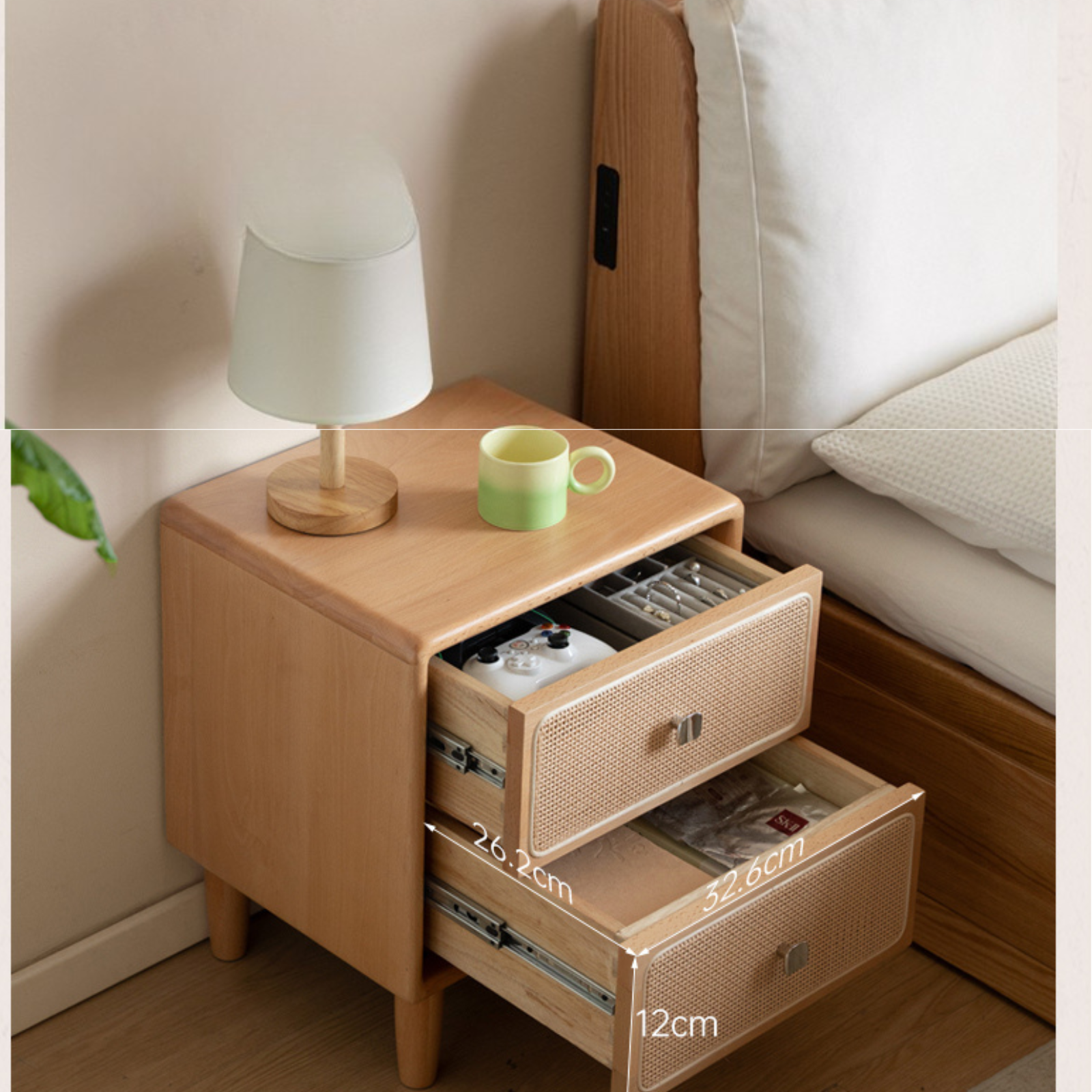 Beech Solid Wood Rattan Log Style Nightstand