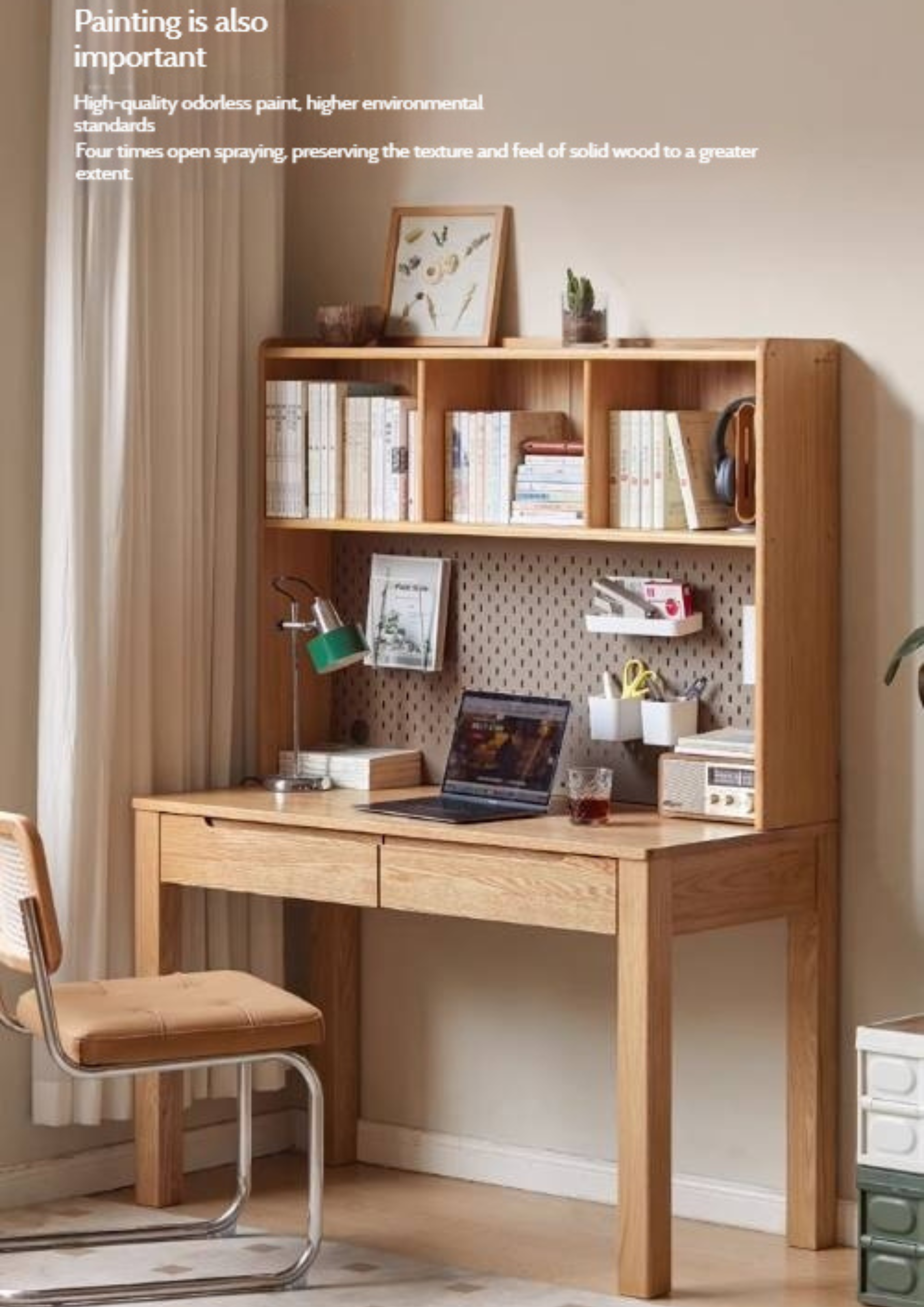 Oak Solid Wood Office Desk and Bookshelf Integrated