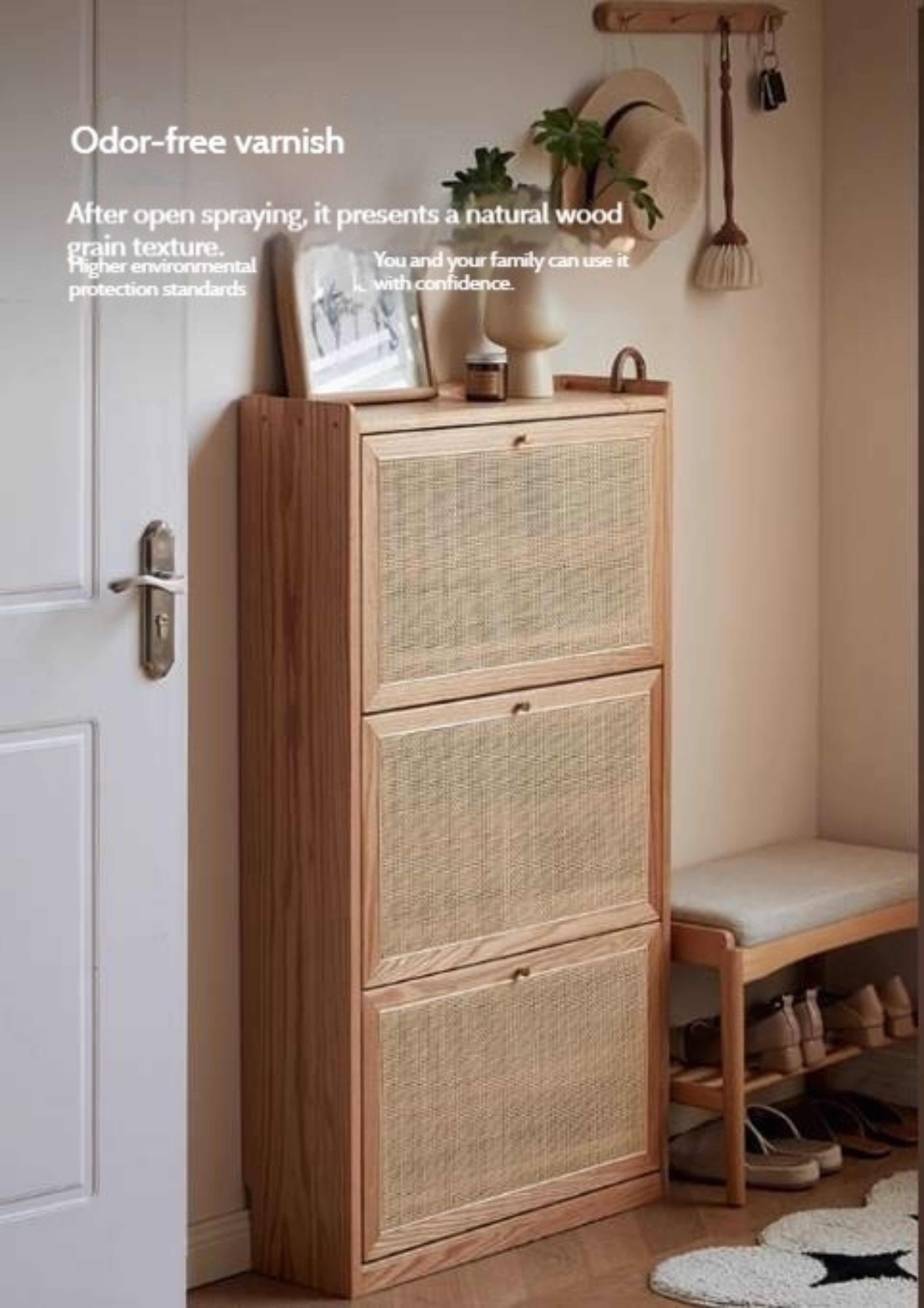 Oak Solid Wood Ultra-Thin Flap Door Rattan Shoe Cabinet