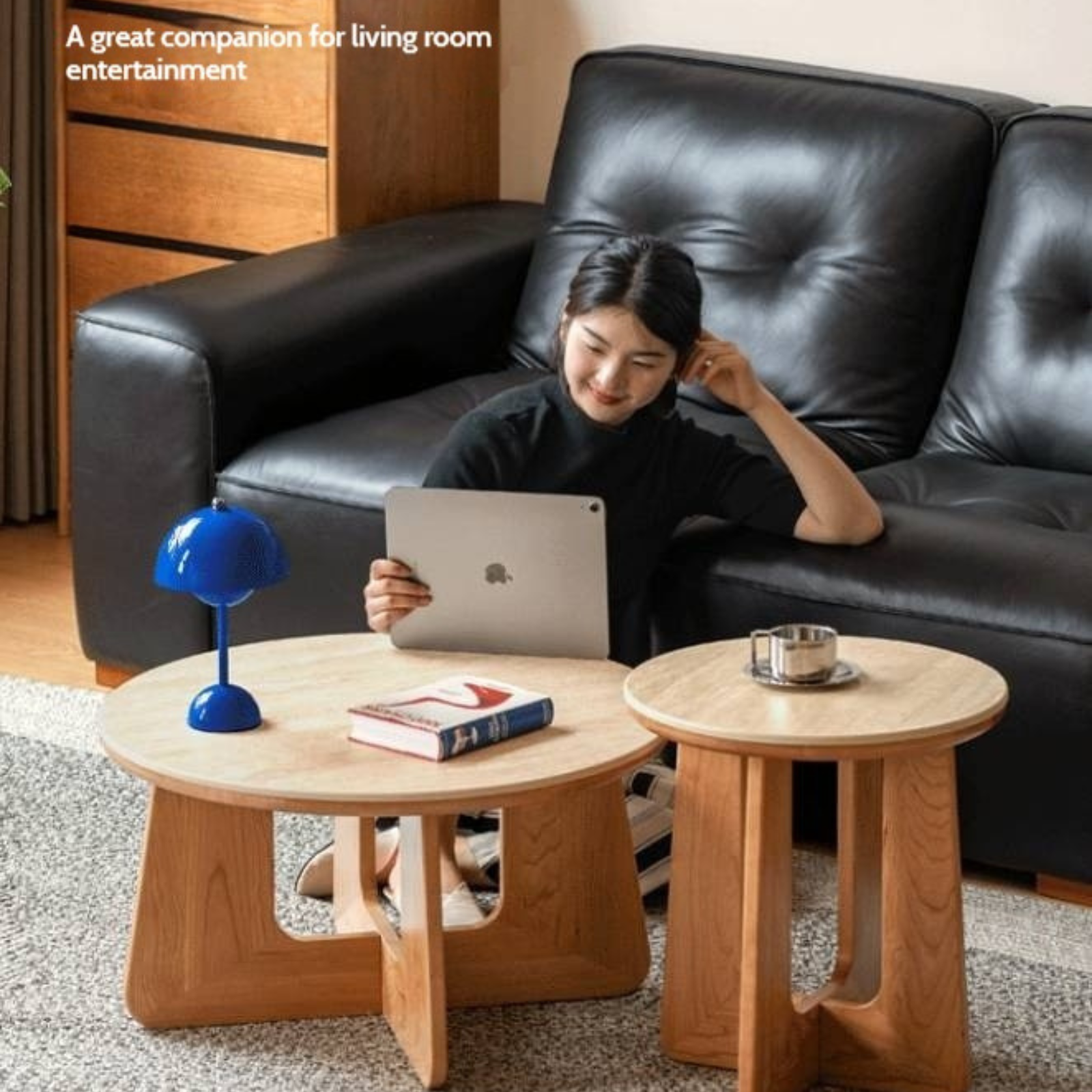Cherry Solid Wood Rock Plate Round Coffee Table