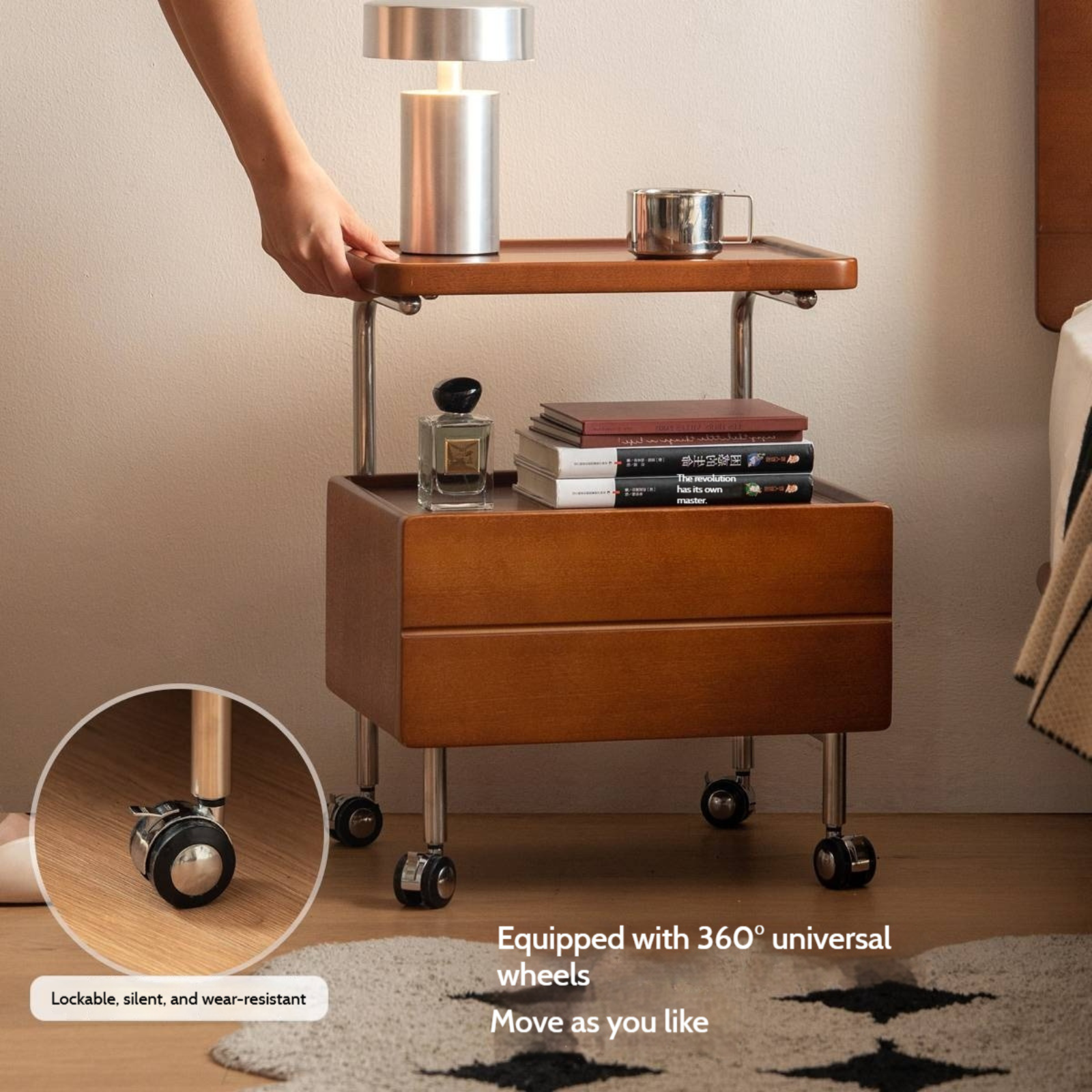 Poplar Solid Wood Vintage Style Mobile Nightstand