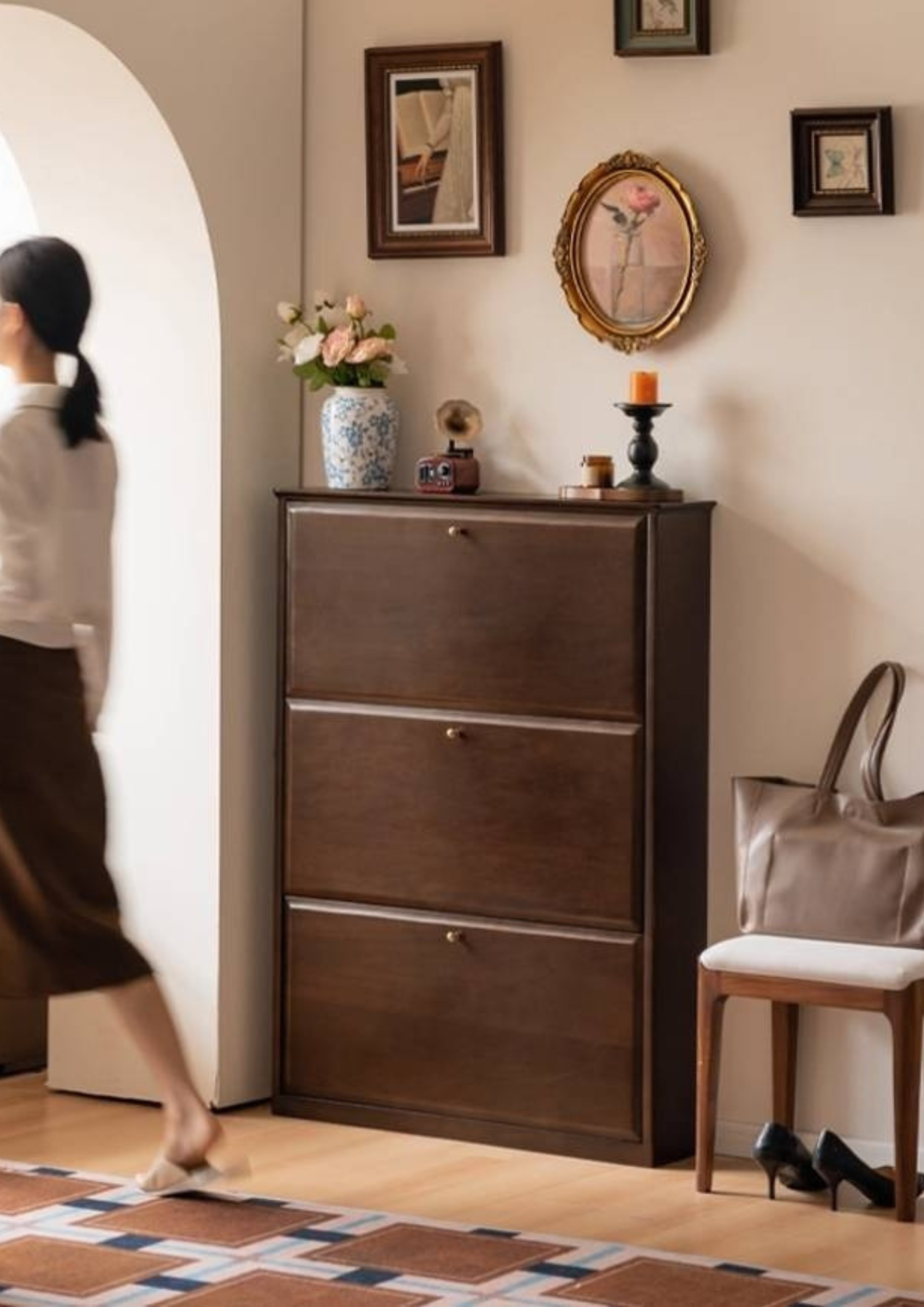 Poplar, Solid Rubber Wood Retro Narrow Shoe Cabinet