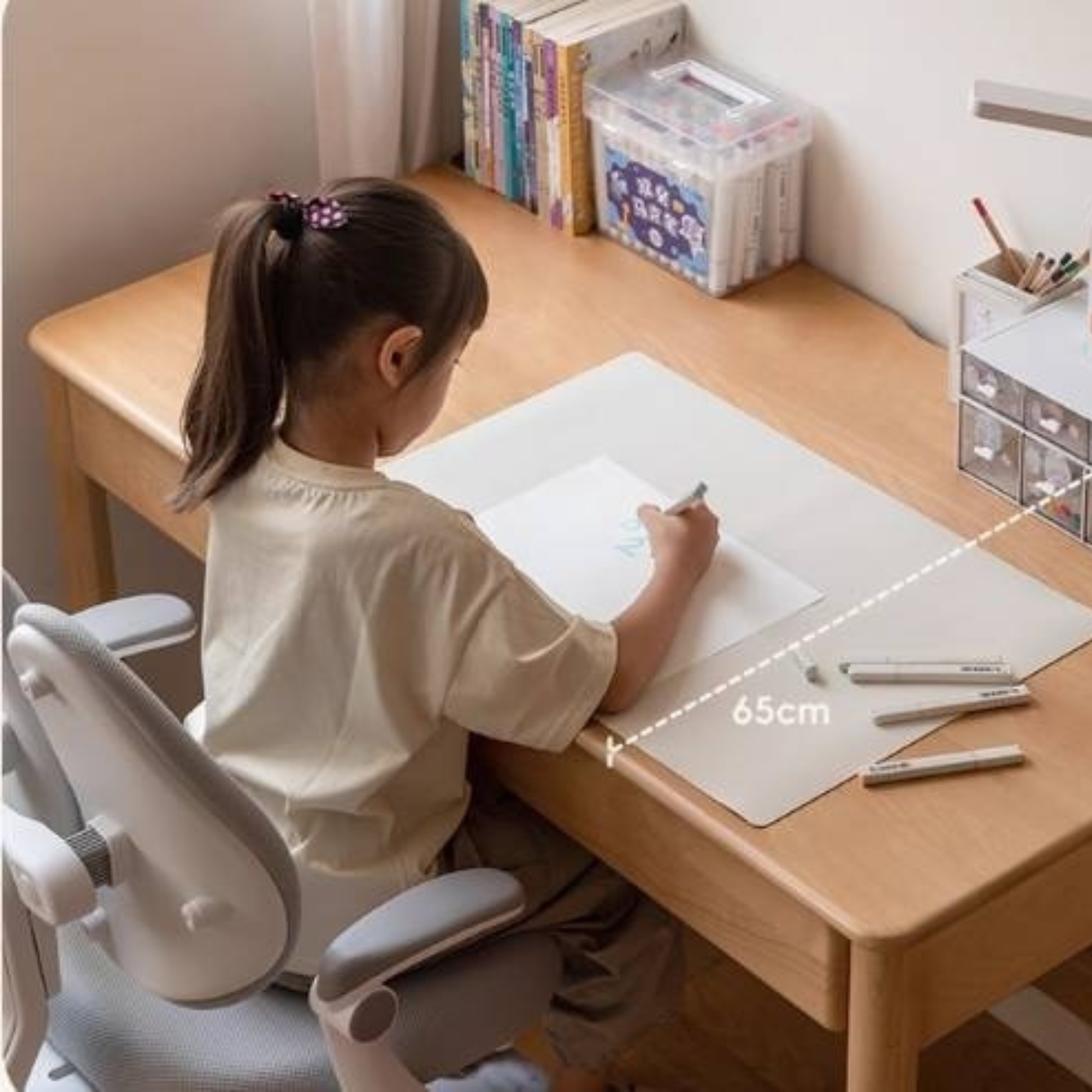 Beech Solid Wood Children's Study Desk Bookshelf Integrated