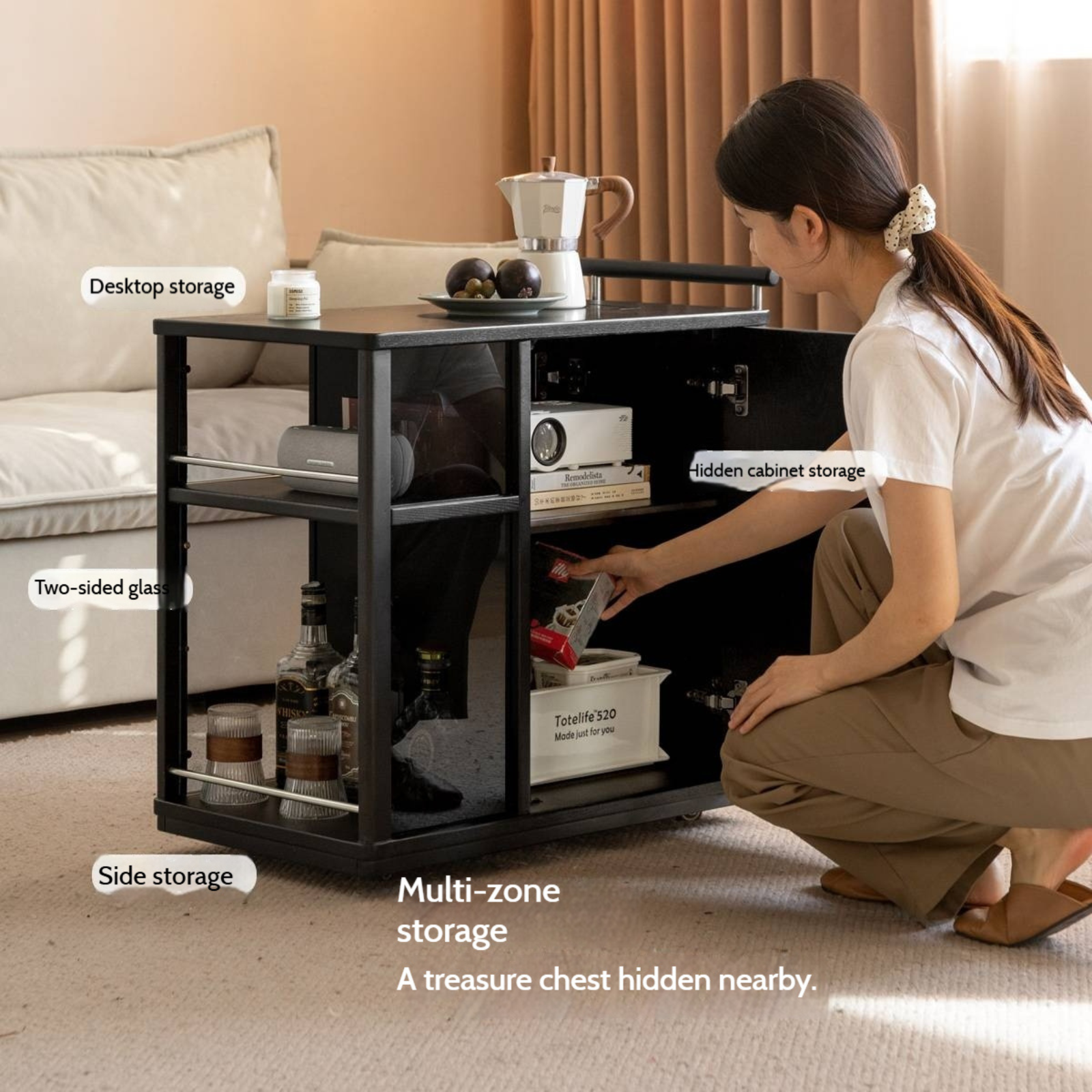 Ash Solid Wood Mobile Tea Cabinet