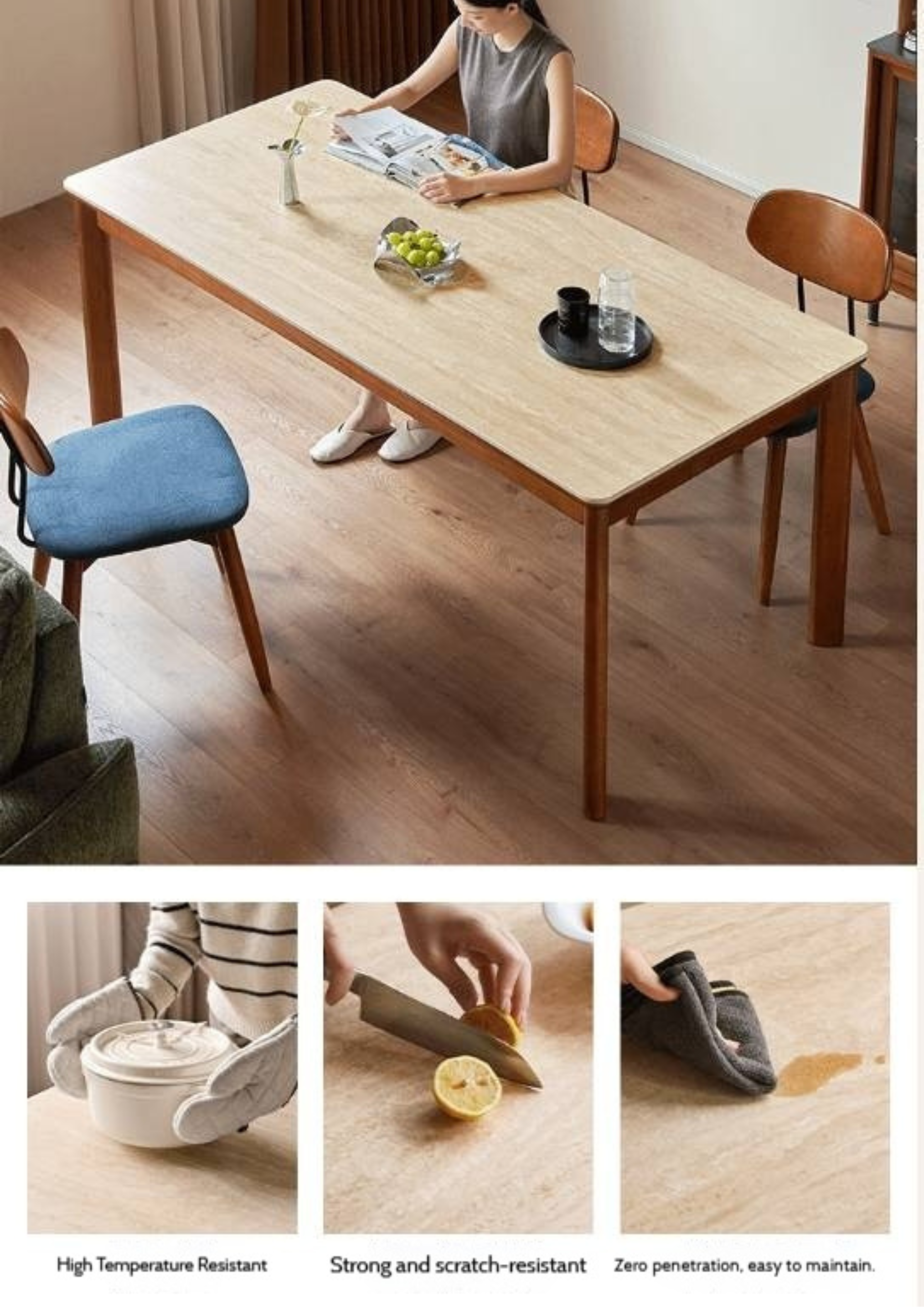 Tulipwood Solid Wood Vintage Style Restaurant Stone Slab Dining Table