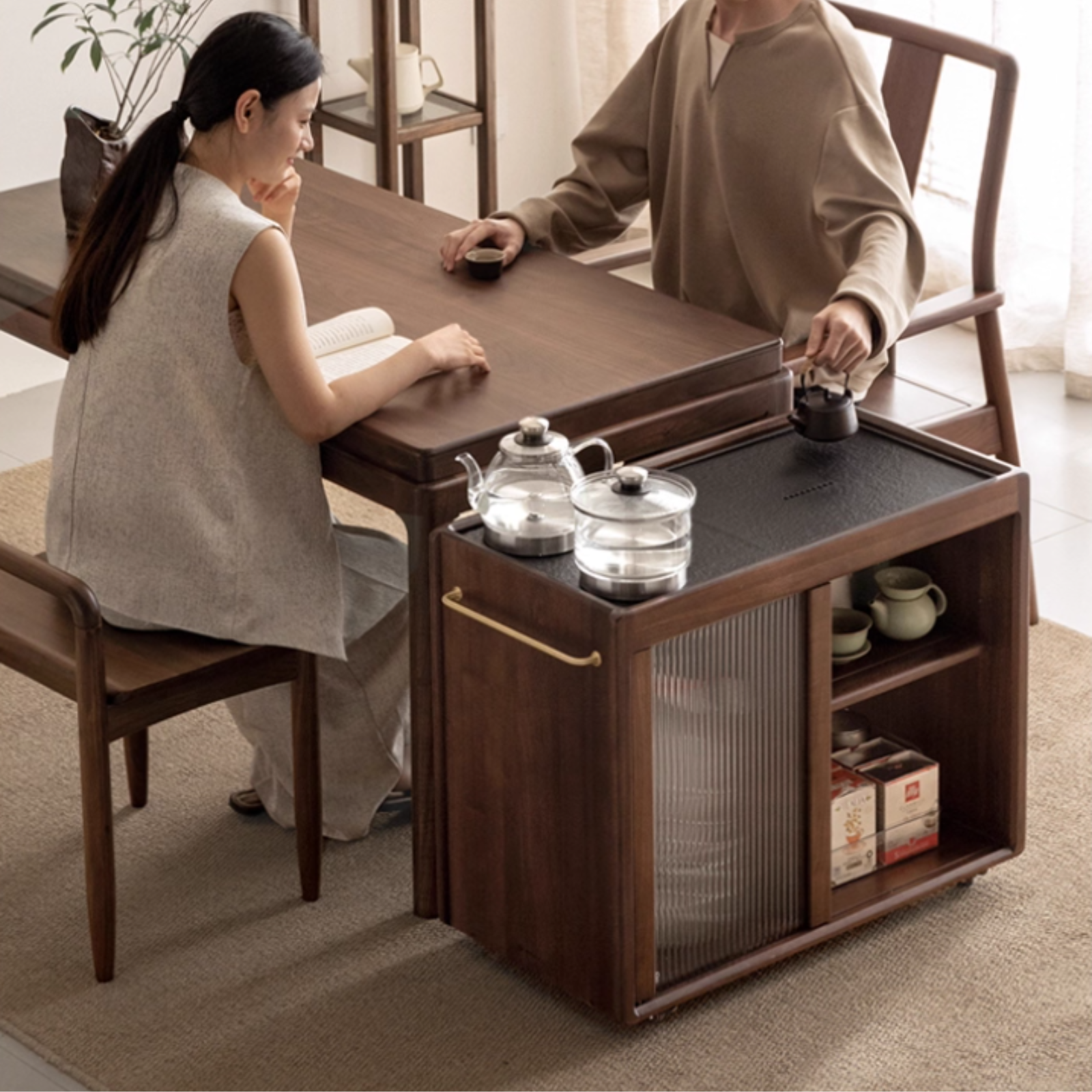 Black Walnut Solid Wood Tea Bar Integrated Side Cabinet