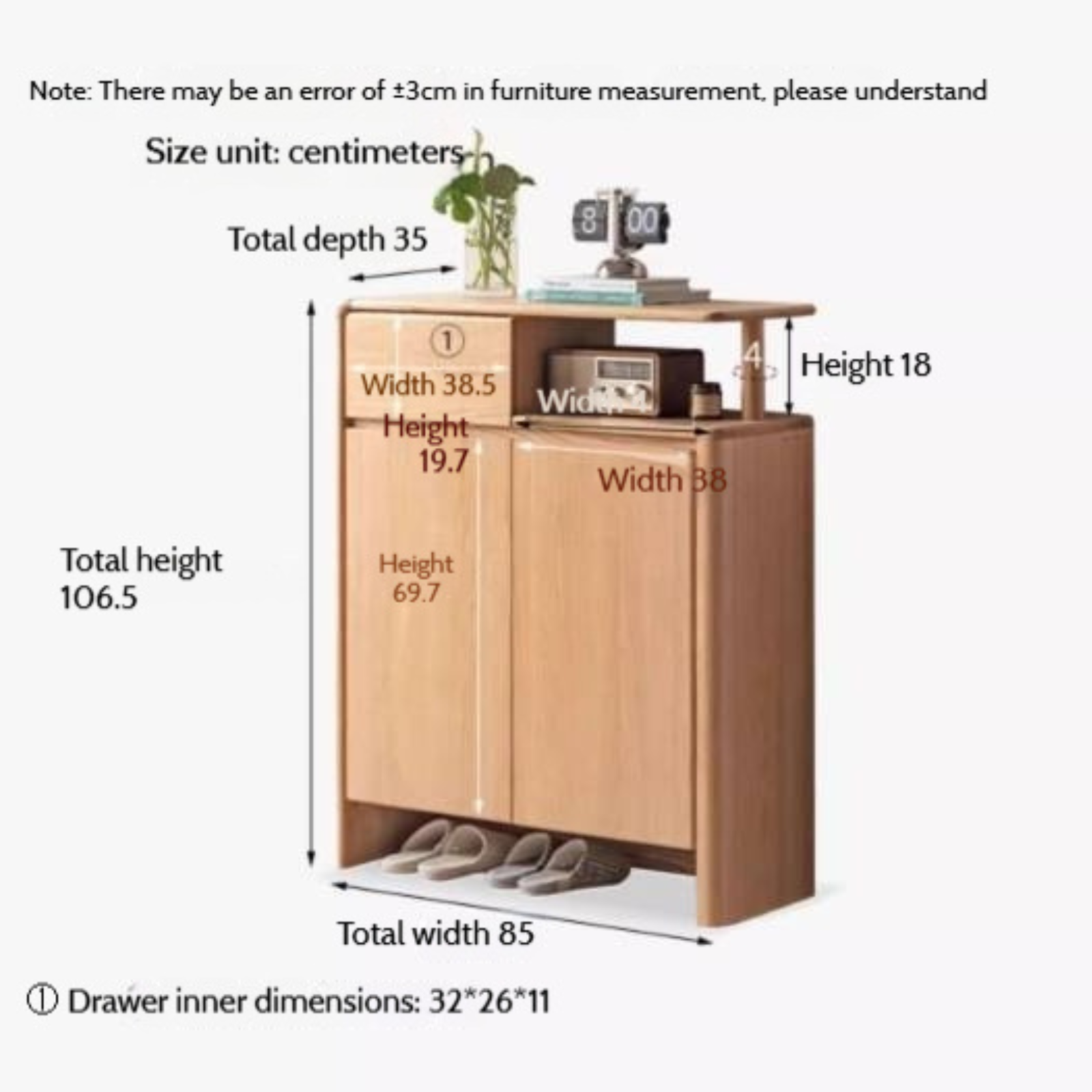 Oak, Solid Rubber Wood Partition Shoe Cabinet