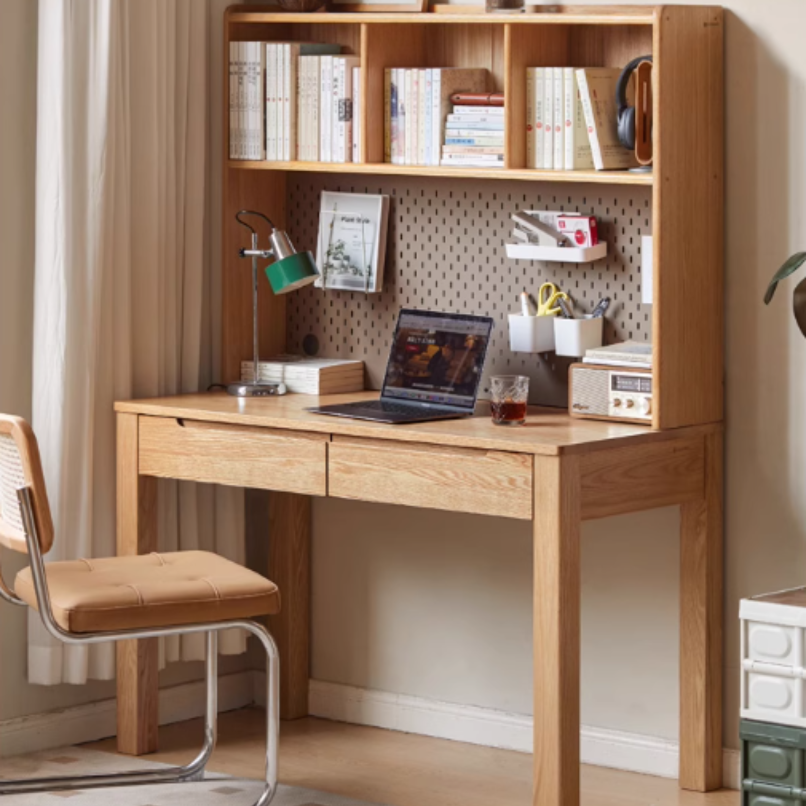 Oak Solid Wood Office Desk and Bookshelf Integrated