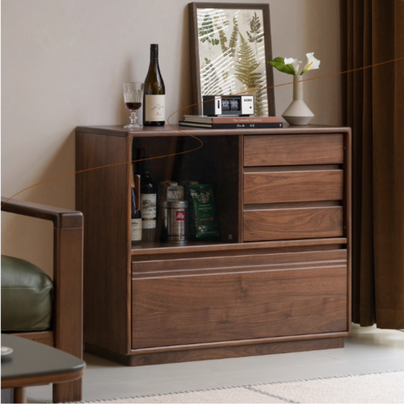 Black Walnut Solid Wood Modern Side Cabinet.