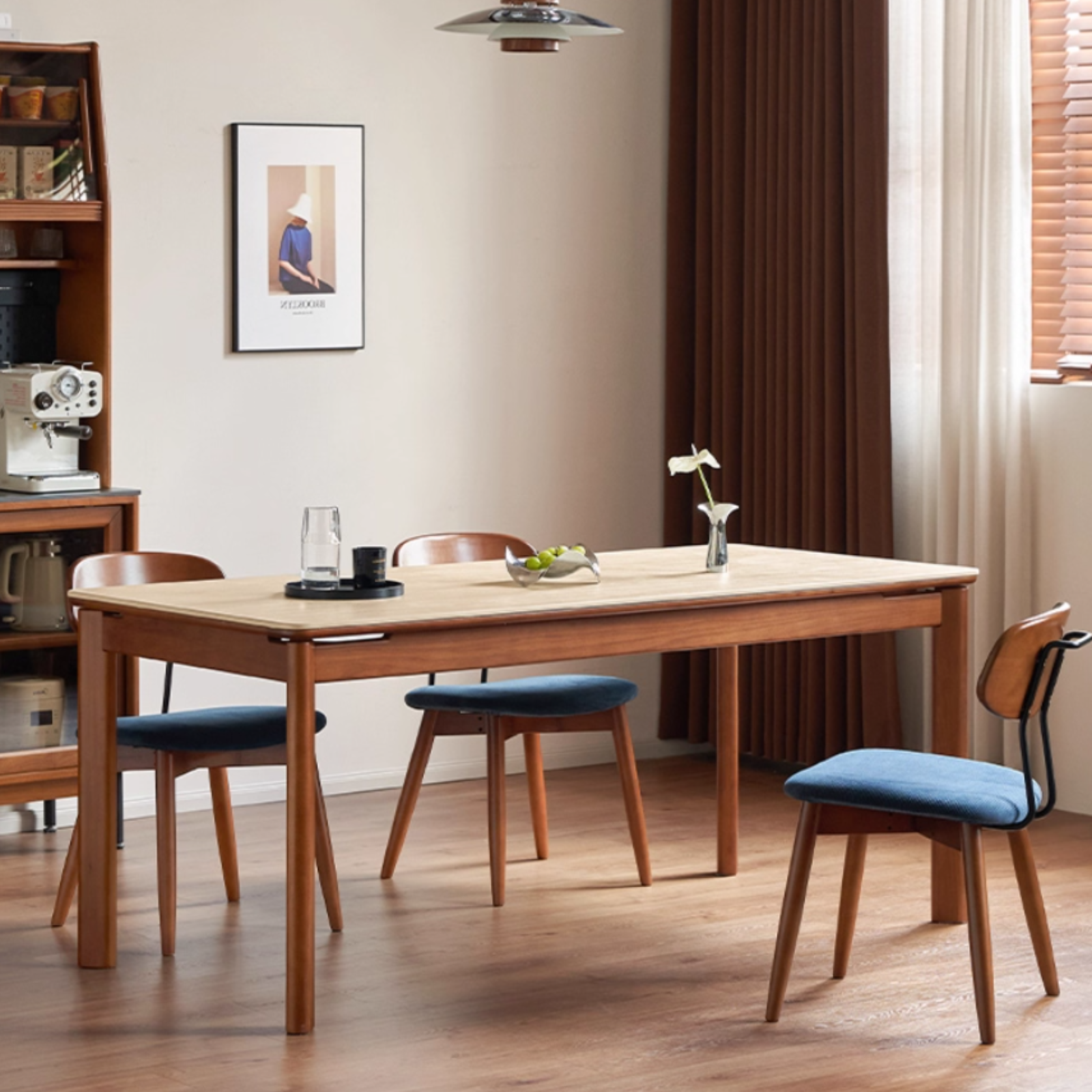 Tulipwood Solid Wood Vintage Style Restaurant Stone Slab Dining Table