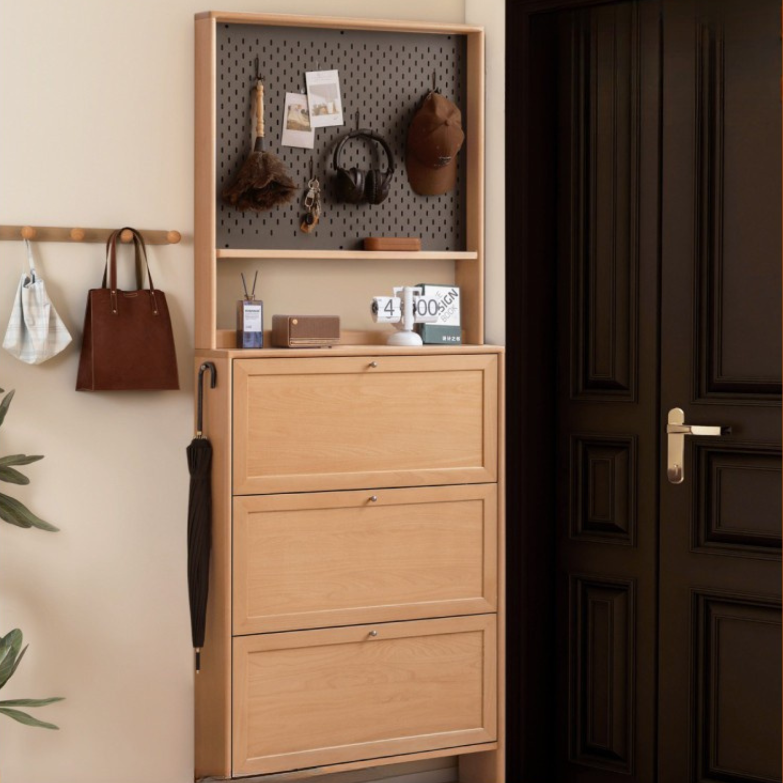 Beech Solid Wood Ultra-Thin Flip Bucket Shoe Cabinet