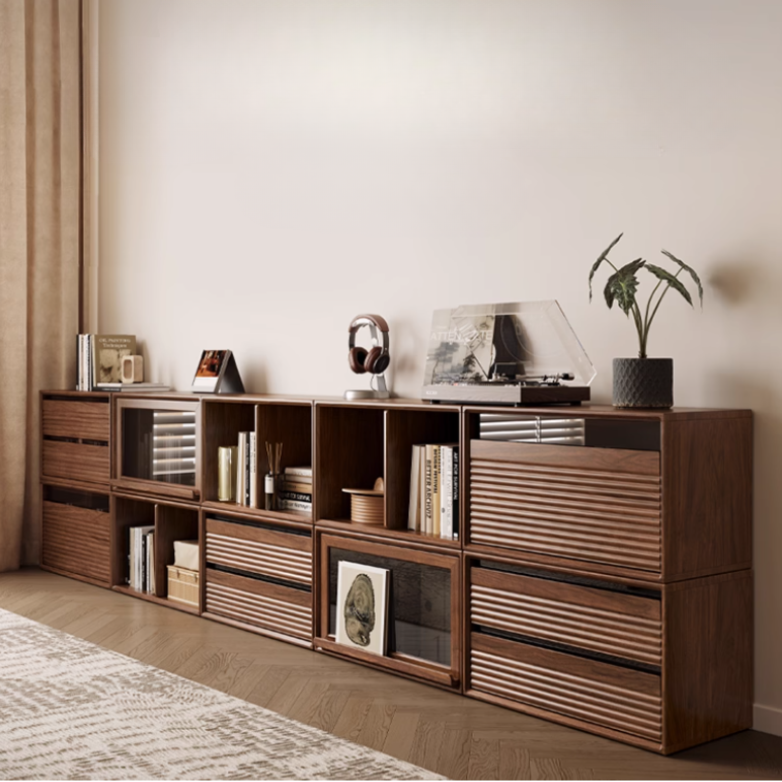 Black Walnut Solid Wood Retro Modular Combination TV Stand