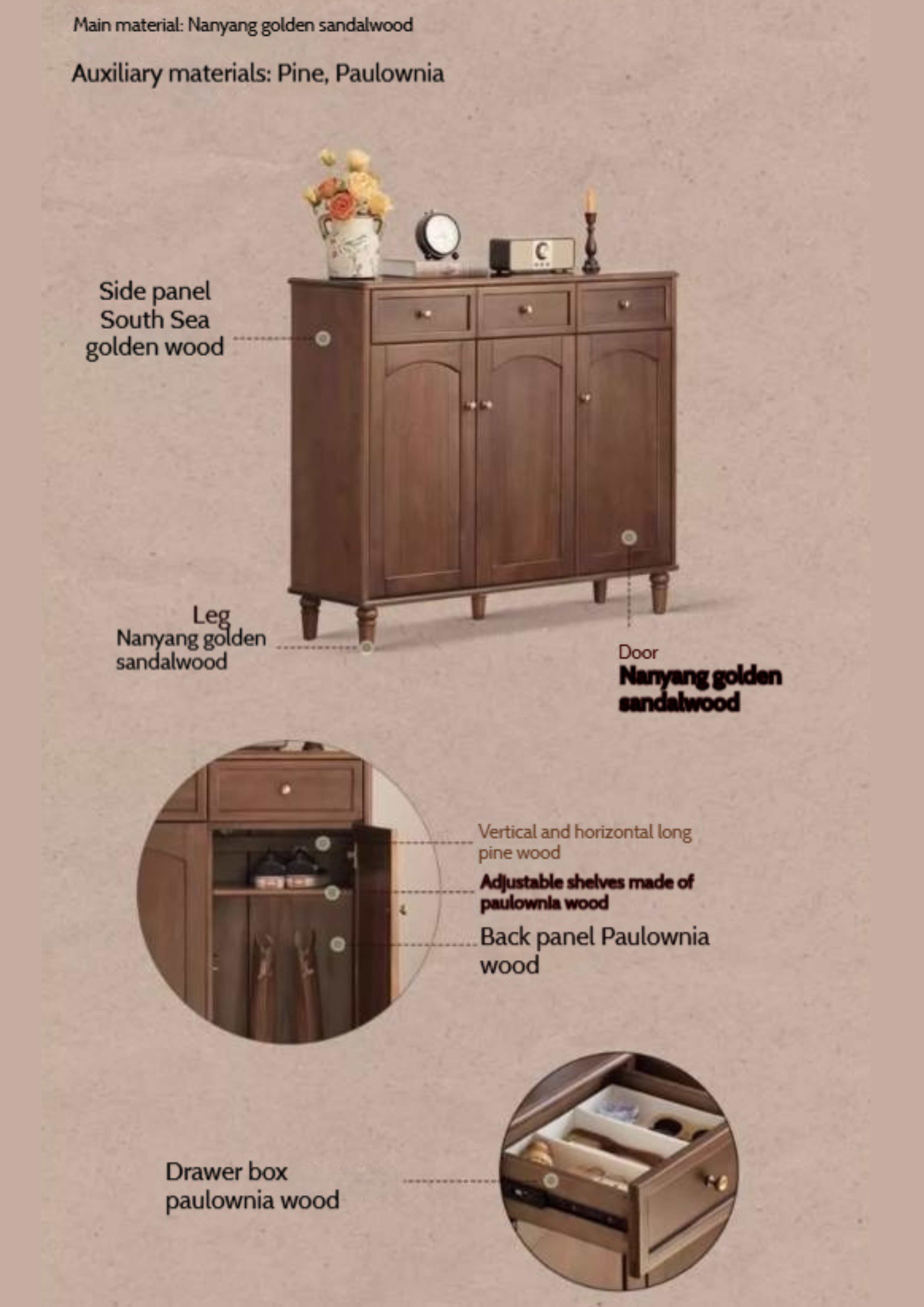 Sandalwood Solid Wood American Retro Storage Shoe Cabinet