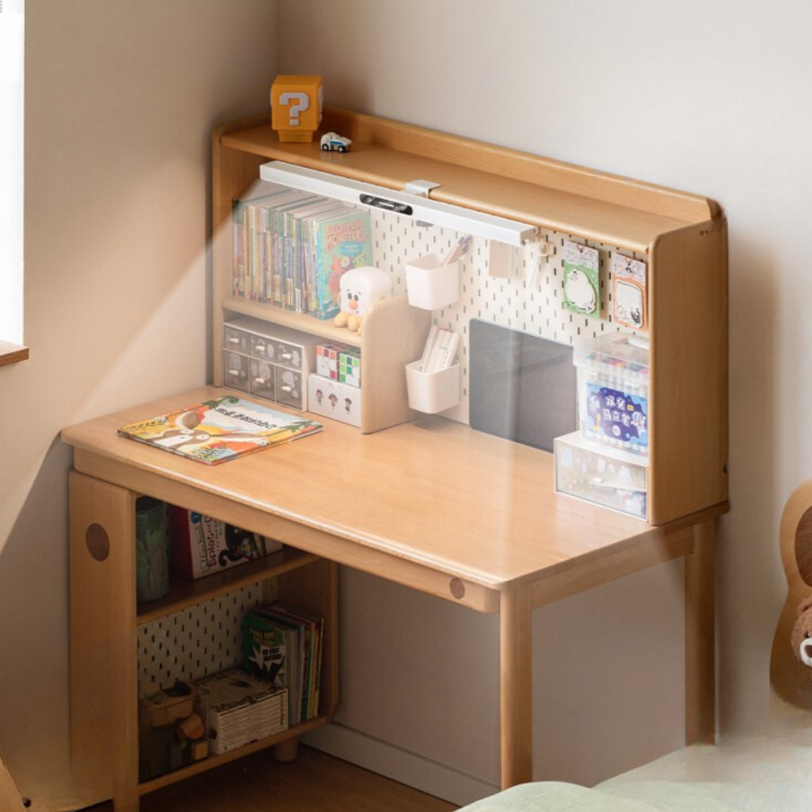 Beech Solid Wood Children's Learning Desk Bookshelf Integrated