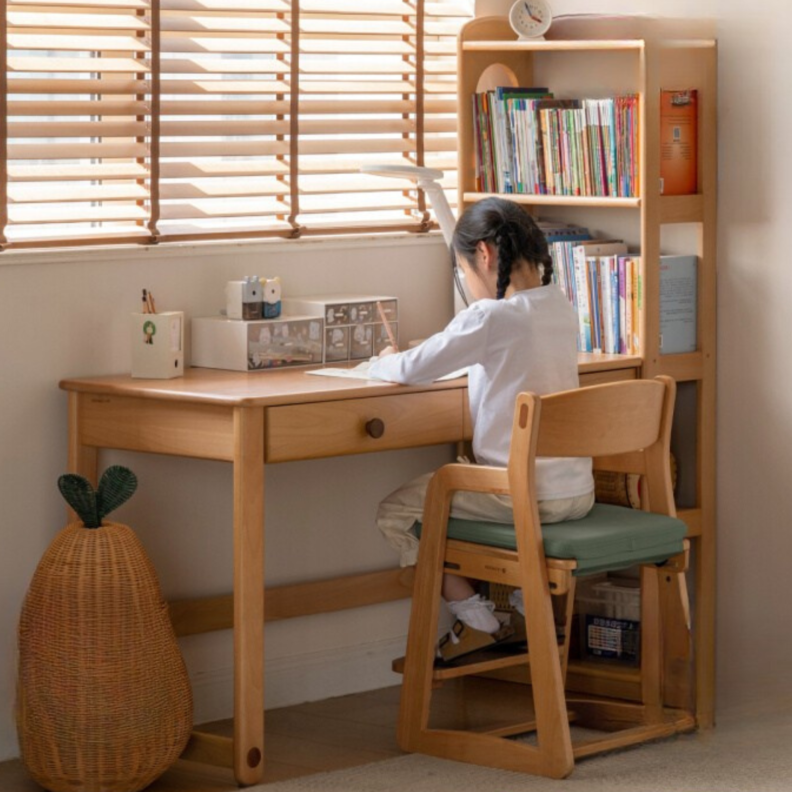 Beech Solid Wood Children's Desk and Bookshelf