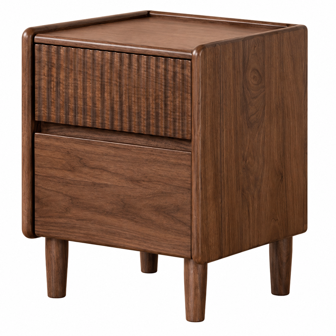 Black Walnut Solid Wood Fluted Nightstand with Two Drawers and Tapered Legs
