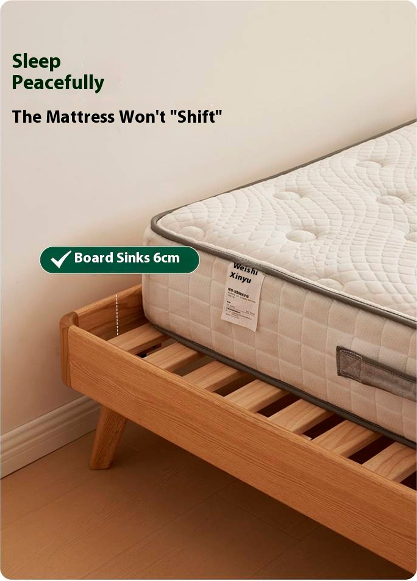 Oak Solid Wood Bed — Modern Minimalist Design with Upholstered Headboard and Piano Key Style