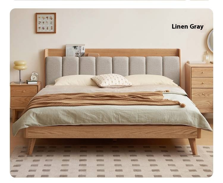Oak Solid Wood Bed — Modern Minimalist Design with Upholstered Headboard and Piano Key Style