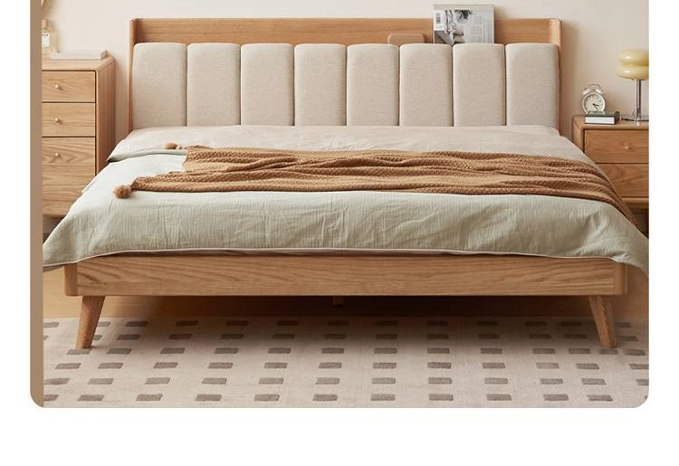 Oak Solid Wood Bed — Modern Minimalist Design with Upholstered Headboard and Piano Key Style