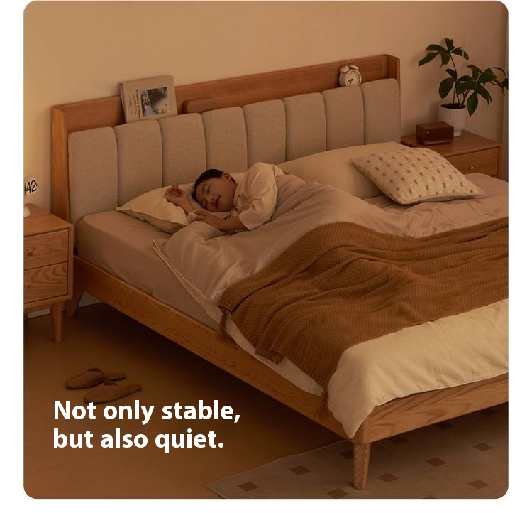 Oak Solid Wood Bed — Modern Minimalist Design with Upholstered Headboard and Piano Key Style