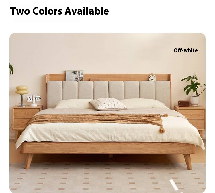 Oak Solid Wood Bed — Modern Minimalist Design with Upholstered Headboard and Piano Key Style