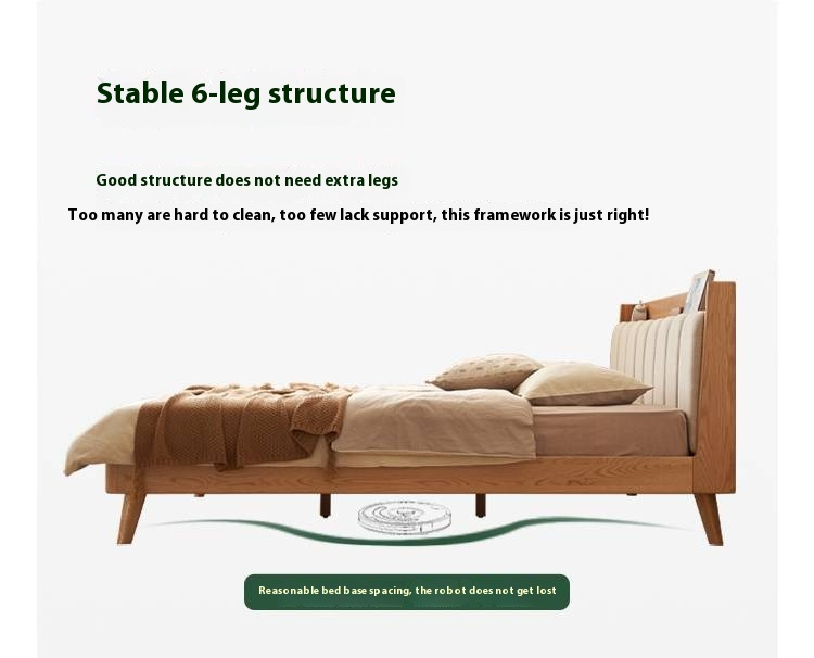 Oak Solid Wood Bed — Modern Minimalist Design with Upholstered Headboard and Piano Key Style