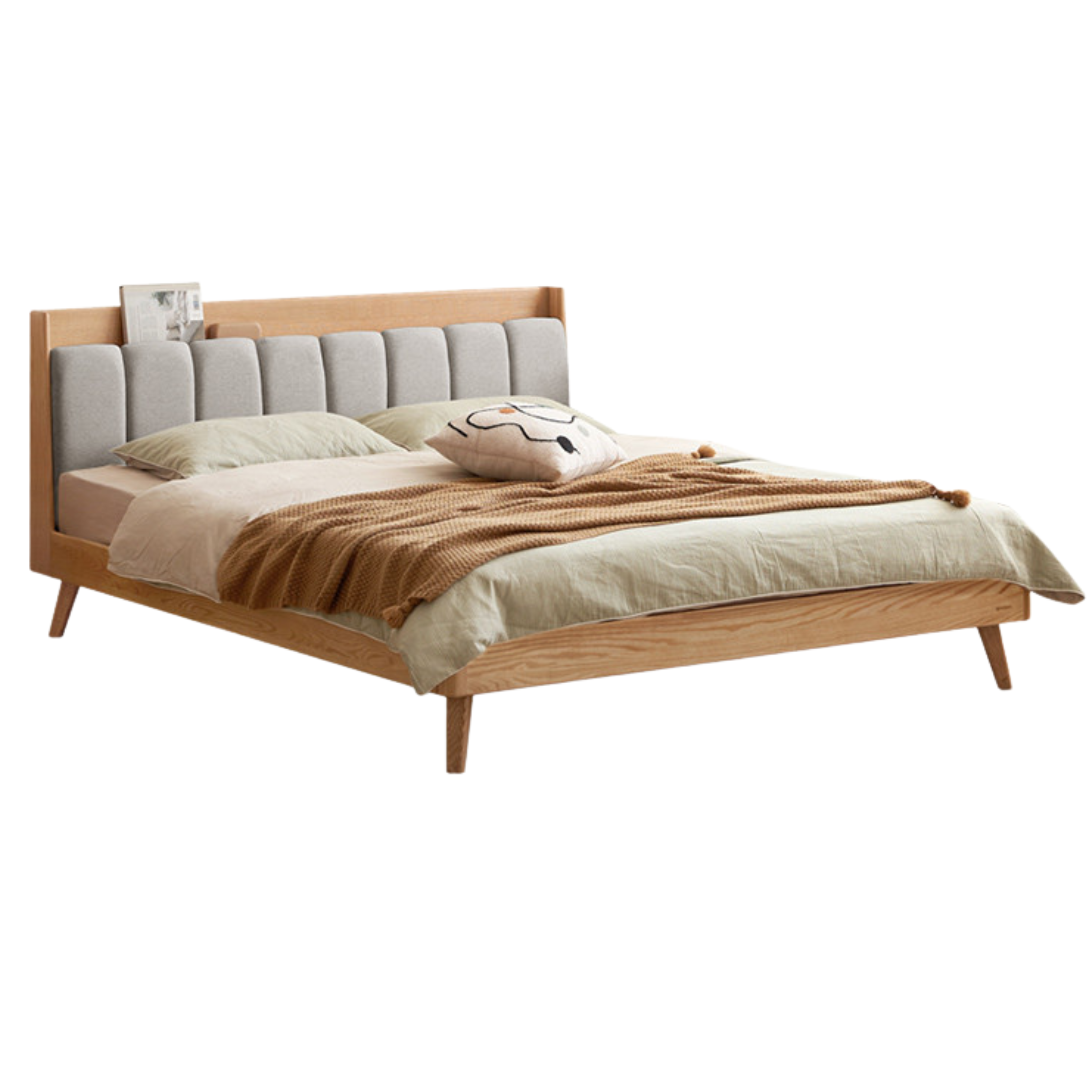 Oak Solid Wood Bed — Modern Minimalist Design with Upholstered Headboard and Piano Key Style