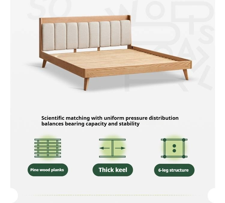 Oak Solid Wood Bed — Modern Minimalist Design with Upholstered Headboard and Piano Key Style