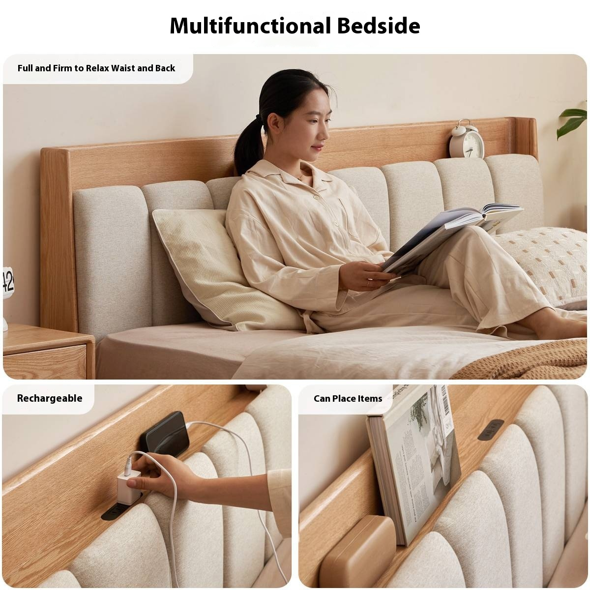 Oak Solid Wood Bed — Modern Minimalist Design with Upholstered Headboard and Piano Key Style