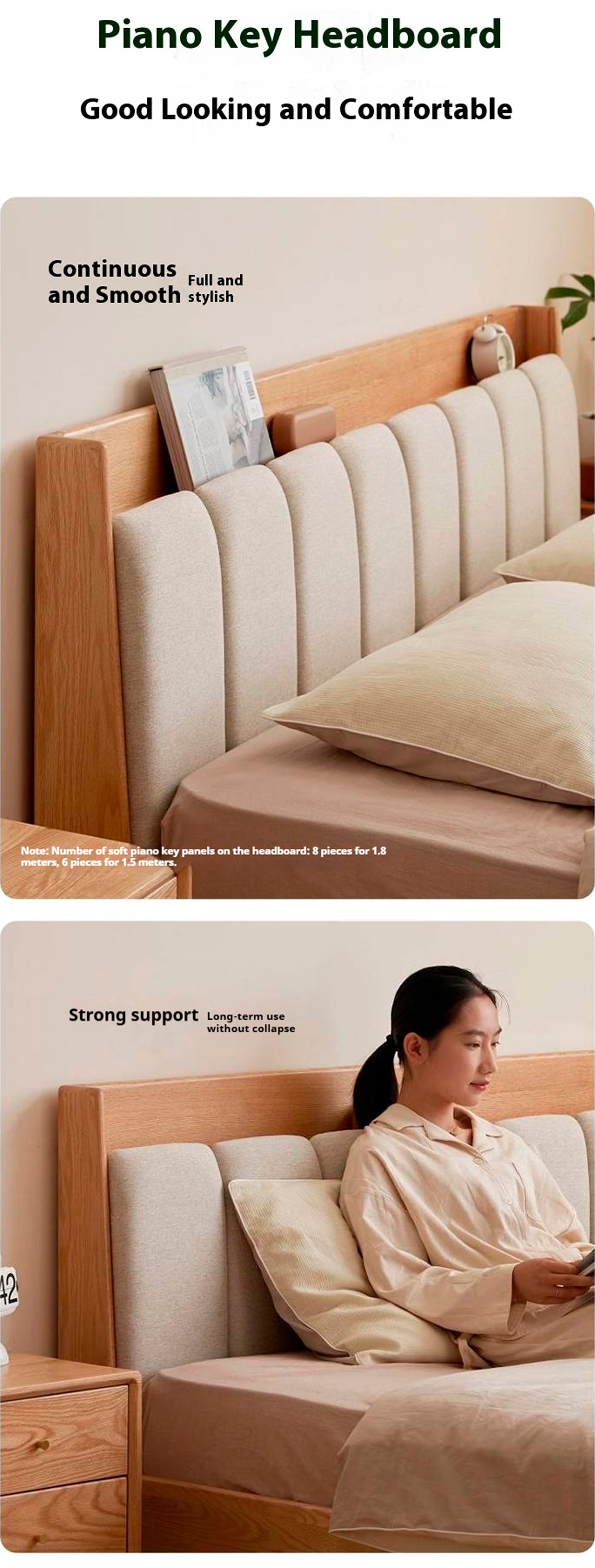 Oak Solid Wood Bed — Modern Minimalist Design with Upholstered Headboard and Piano Key Style