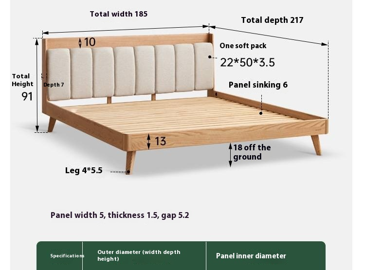 Oak Solid Wood Bed — Modern Minimalist Design with Upholstered Headboard and Piano Key Style