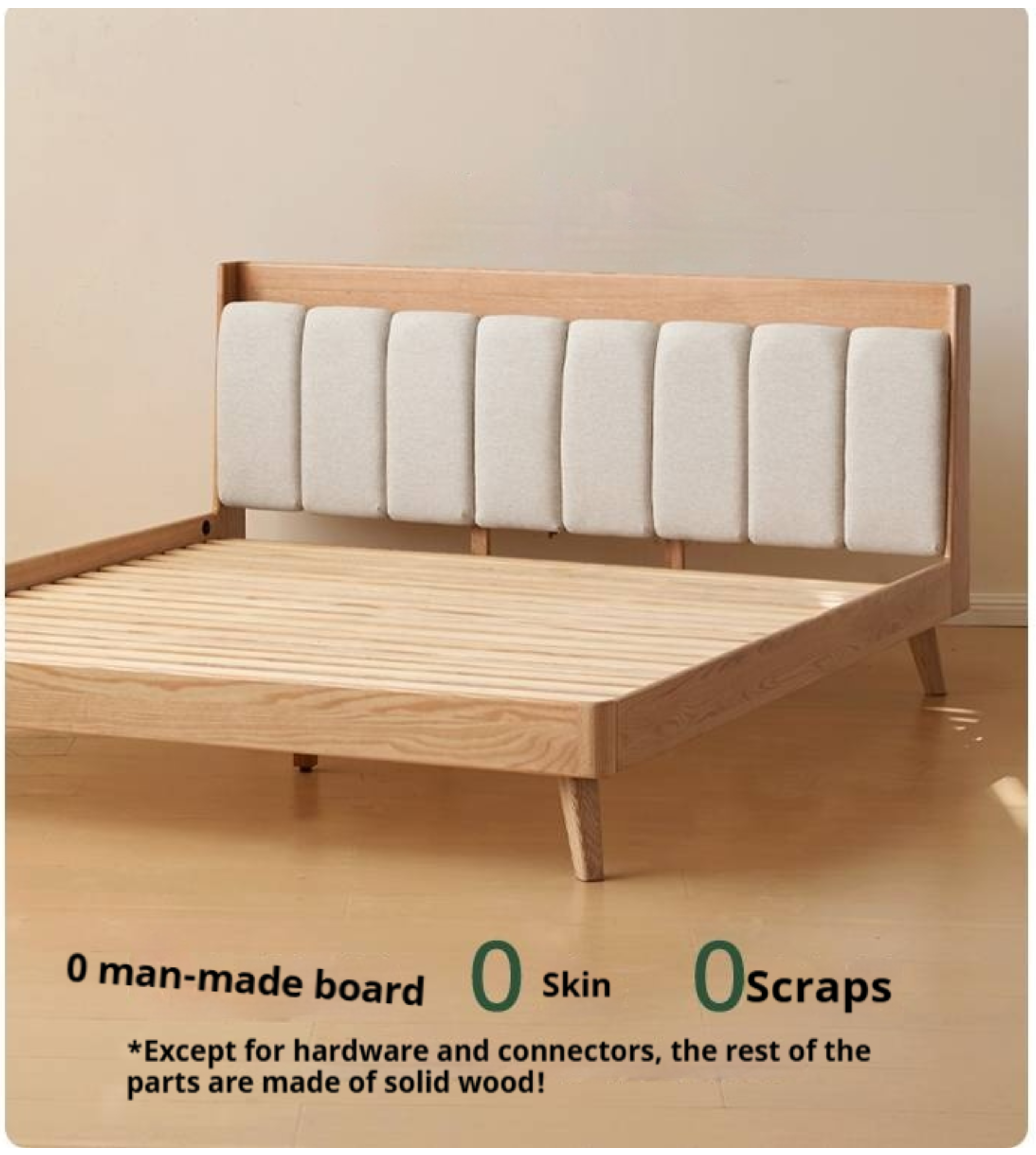 Oak Solid Wood Bed — Modern Minimalist Design with Upholstered Headboard and Piano Key Style