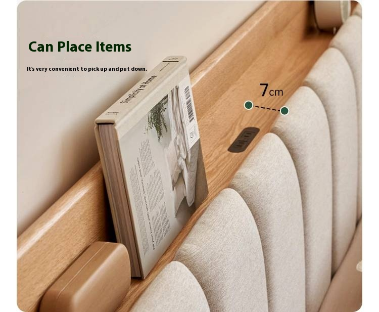 Oak Solid Wood Bed — Modern Minimalist Design with Upholstered Headboard and Piano Key Style