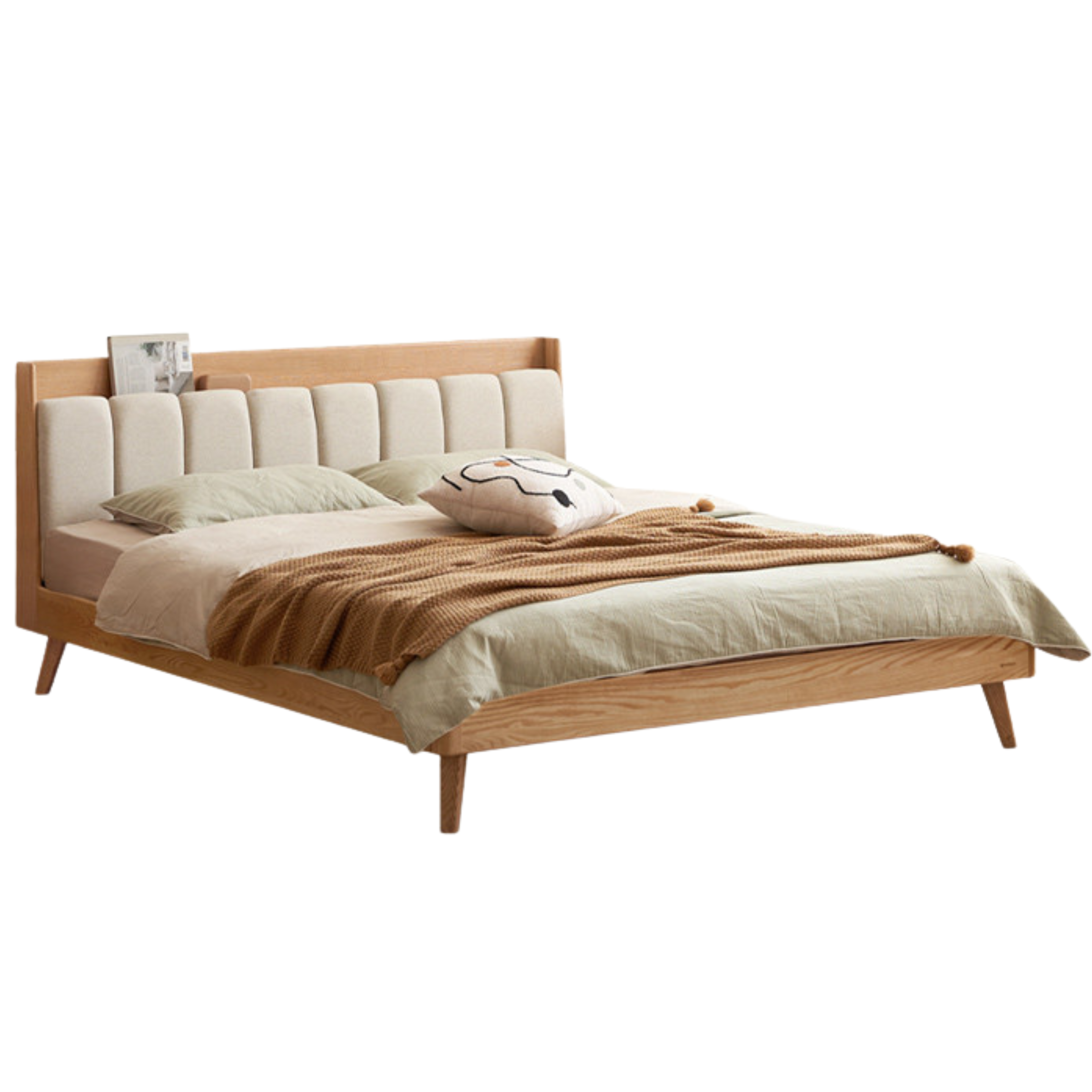 Oak Solid Wood Bed — Modern Minimalist Design with Upholstered Headboard and Piano Key Style