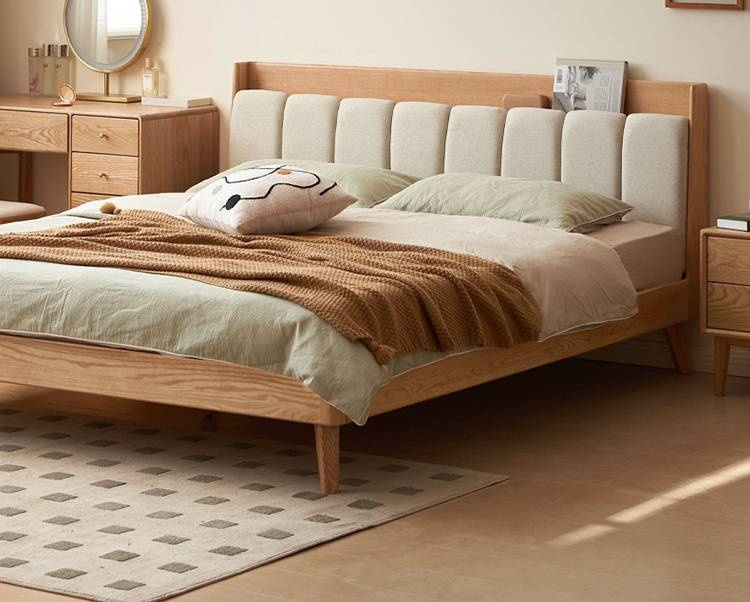 Oak Solid Wood Bed — Modern Minimalist Design with Upholstered Headboard and Piano Key Style