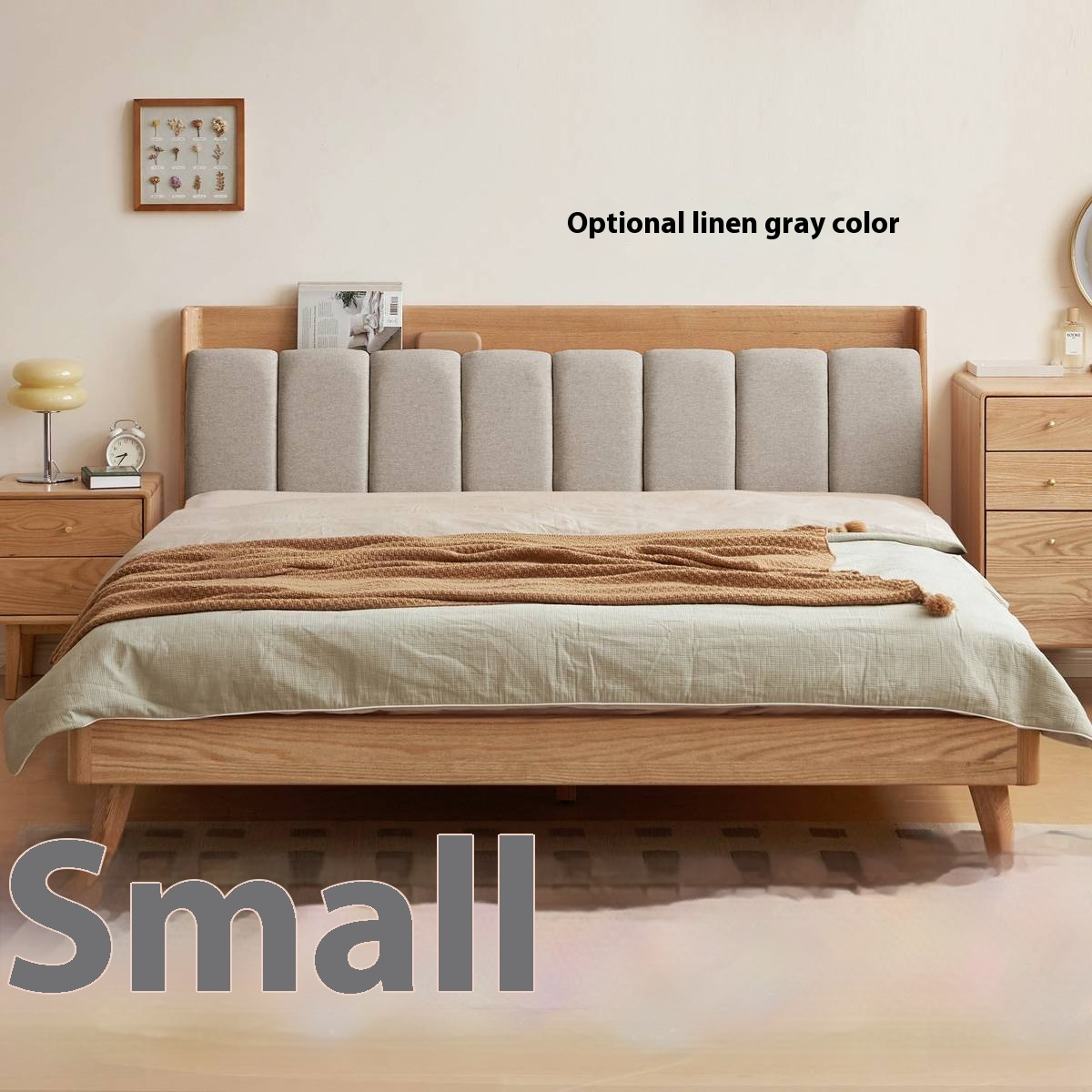 Oak Solid Wood Bed — Modern Minimalist Design with Upholstered Headboard and Piano Key Style