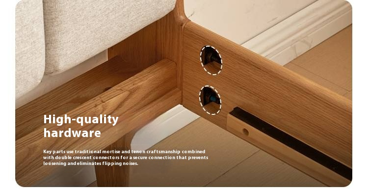 Oak Solid Wood Bed — Modern Minimalist Design with Upholstered Headboard and Piano Key Style