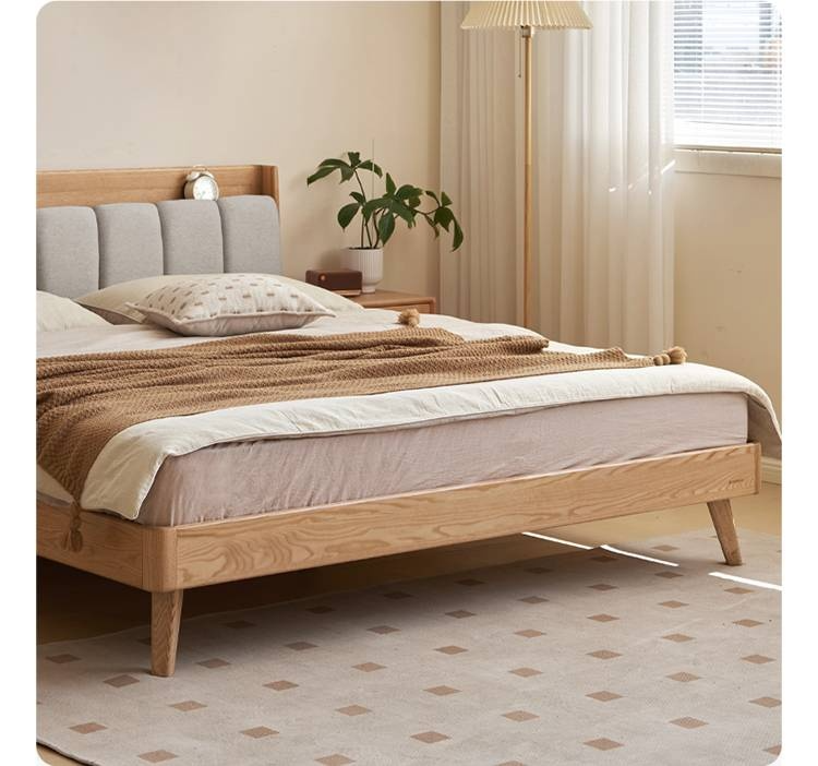 Oak Solid Wood Bed — Modern Minimalist Design with Upholstered Headboard and Piano Key Style
