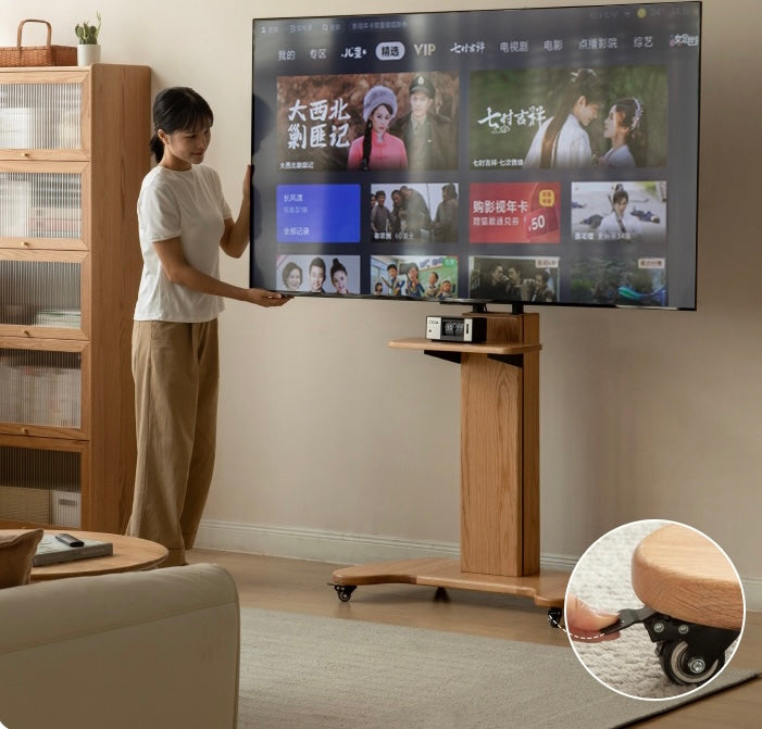Oak Solid Wood TV Stand, Mobile Floor to Floor TV Cabinet.