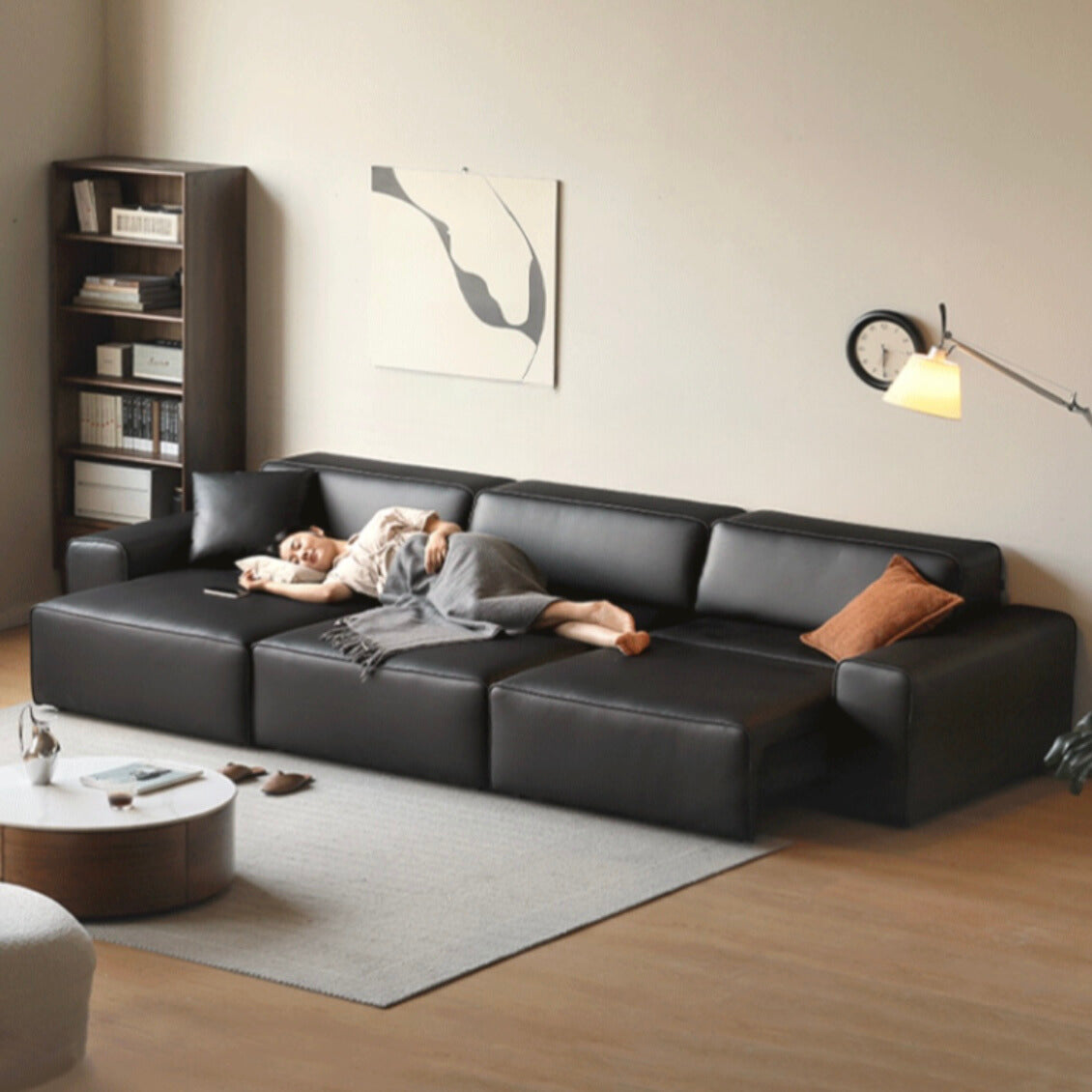 Organic Leather Art Sofa Retractable Bed Big Black Bull Electric Sofa Bed.