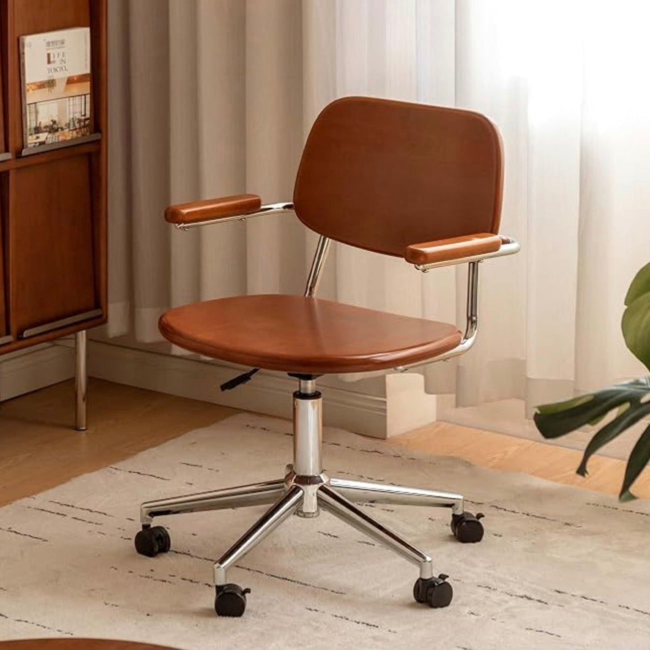 Beech Solid Wood Swivel Office Chair with Wood Arms