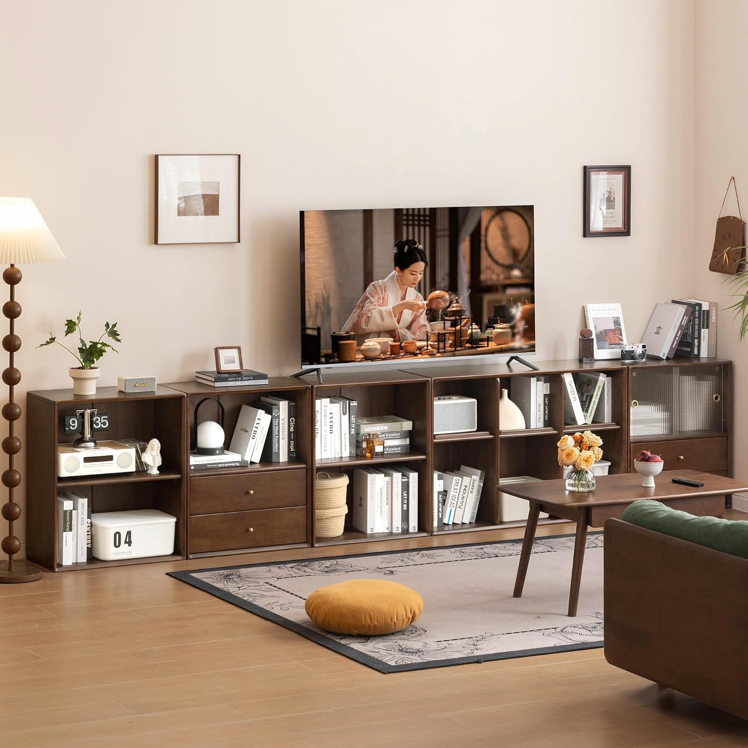 Rubberwood Solid Wood Modular Bookcase and TV Stand Combo