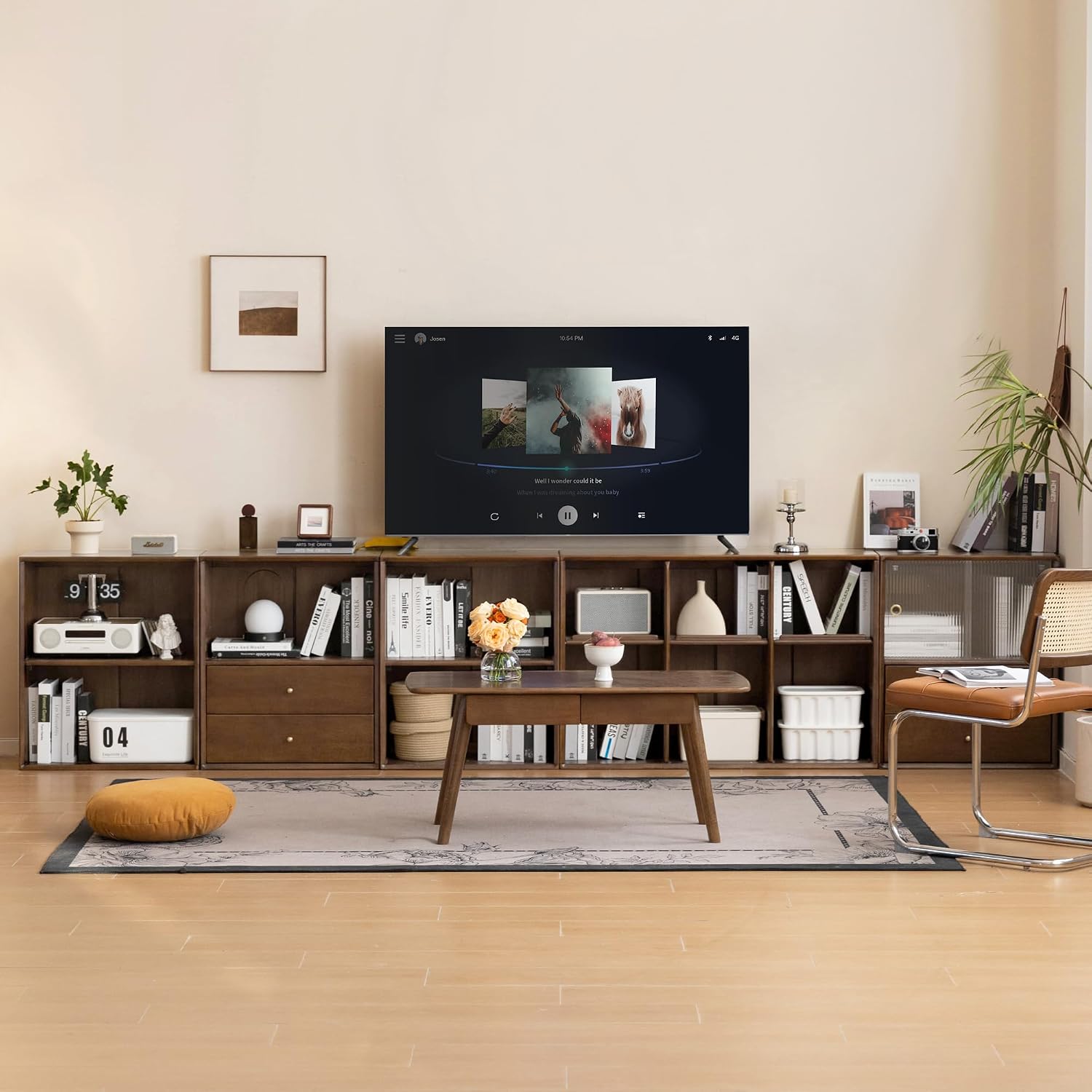 Rubberwood Solid Wood Modular Bookcase and TV Stand Combo