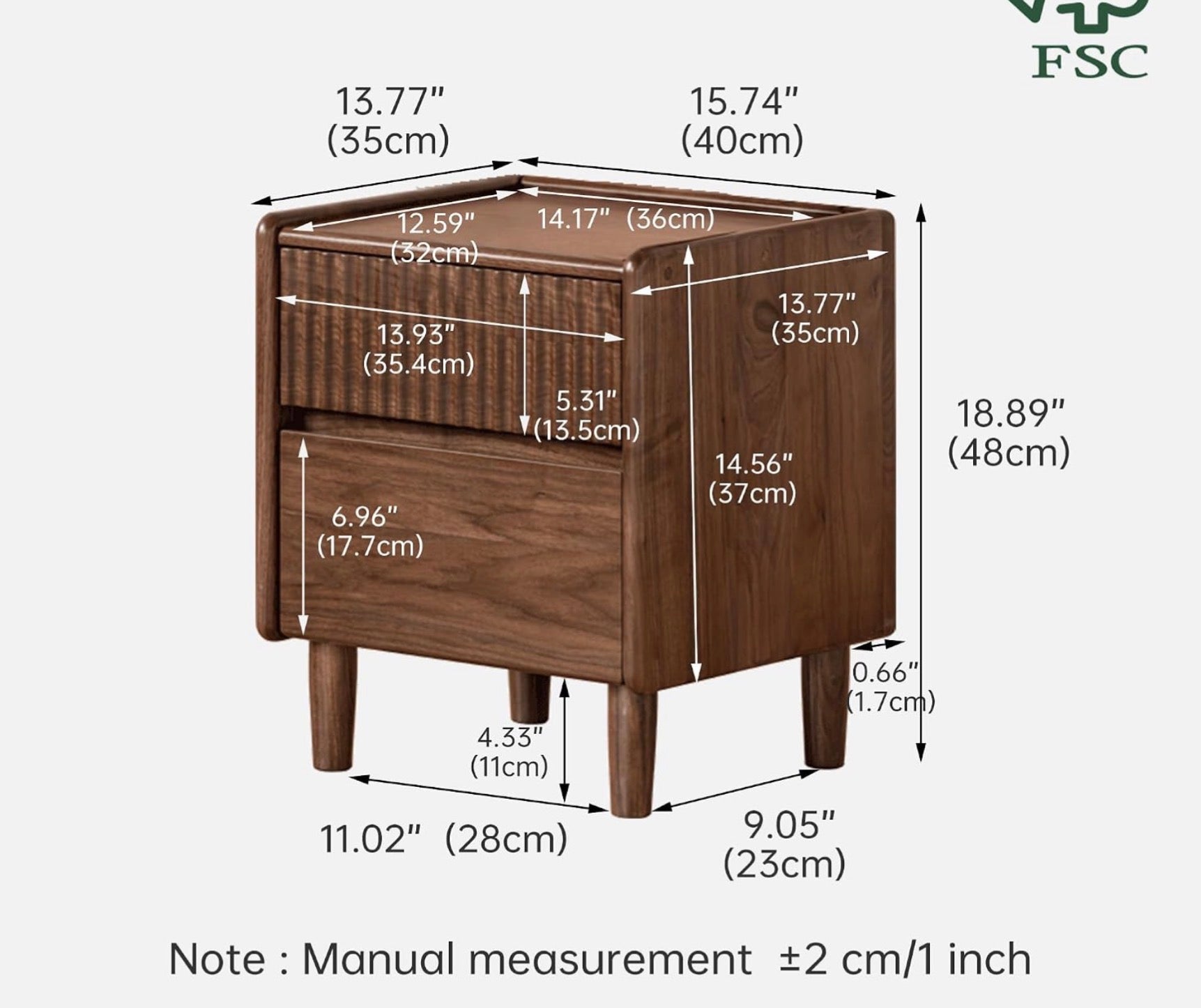 Black Walnut Solid Wood Fluted Nightstand with Two Drawers and Tapered Legs
