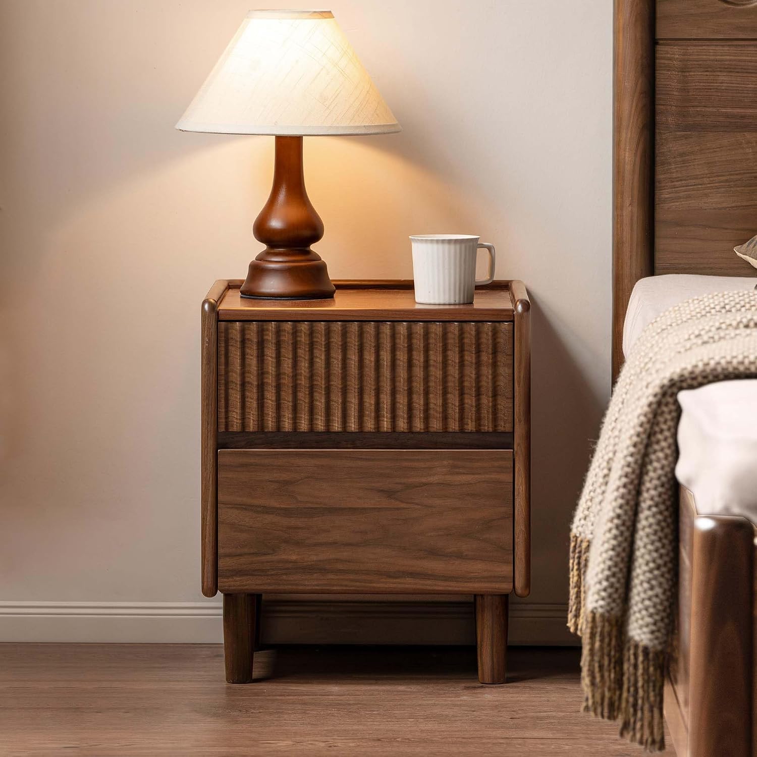 Black Walnut Solid Wood Fluted Nightstand with Two Drawers and Tapered Legs