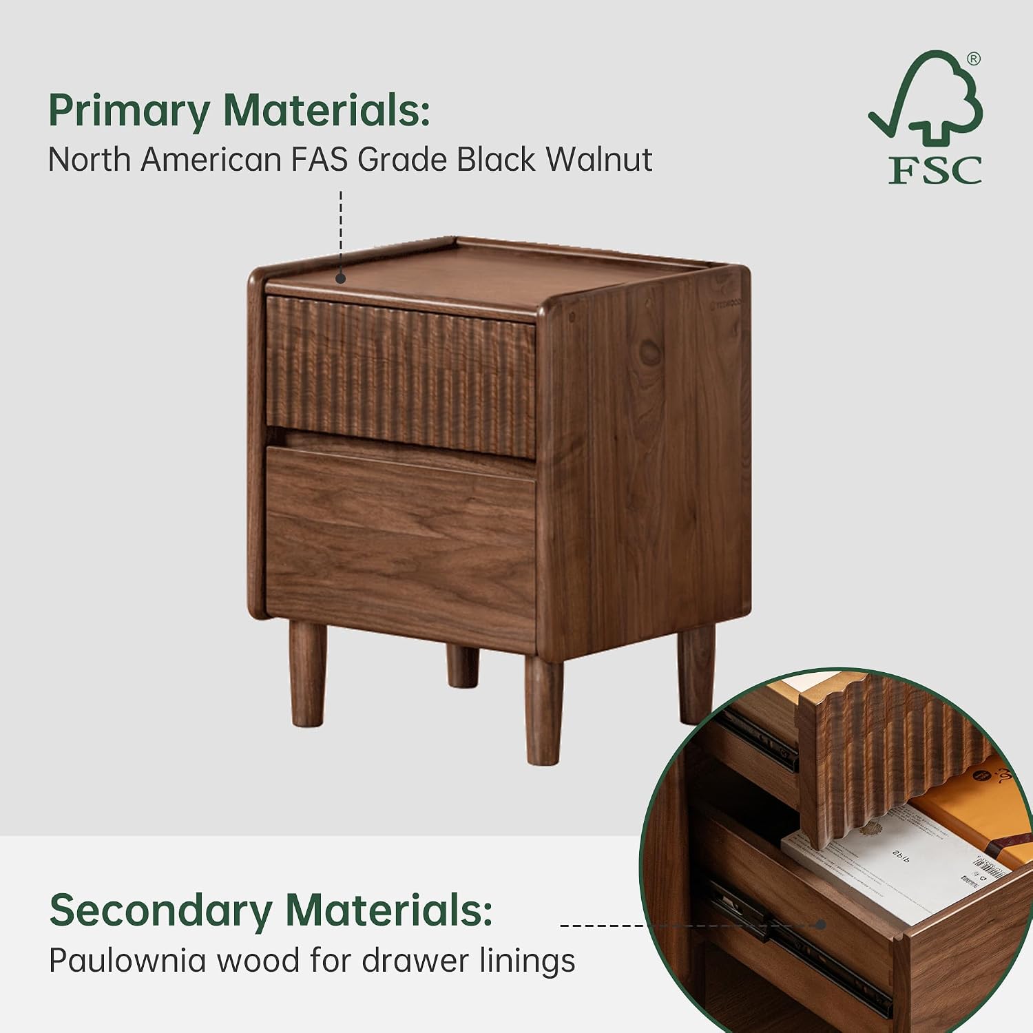 Black Walnut Solid Wood Fluted Nightstand with Two Drawers and Tapered Legs