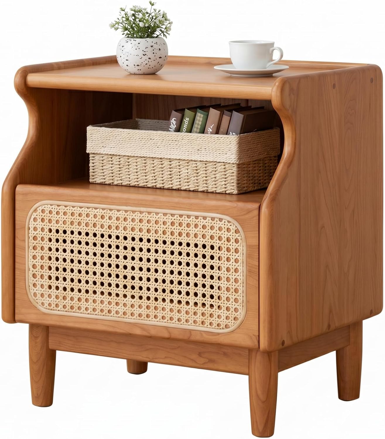 Oak, Cherry Solid Wood Rattan Nightstand